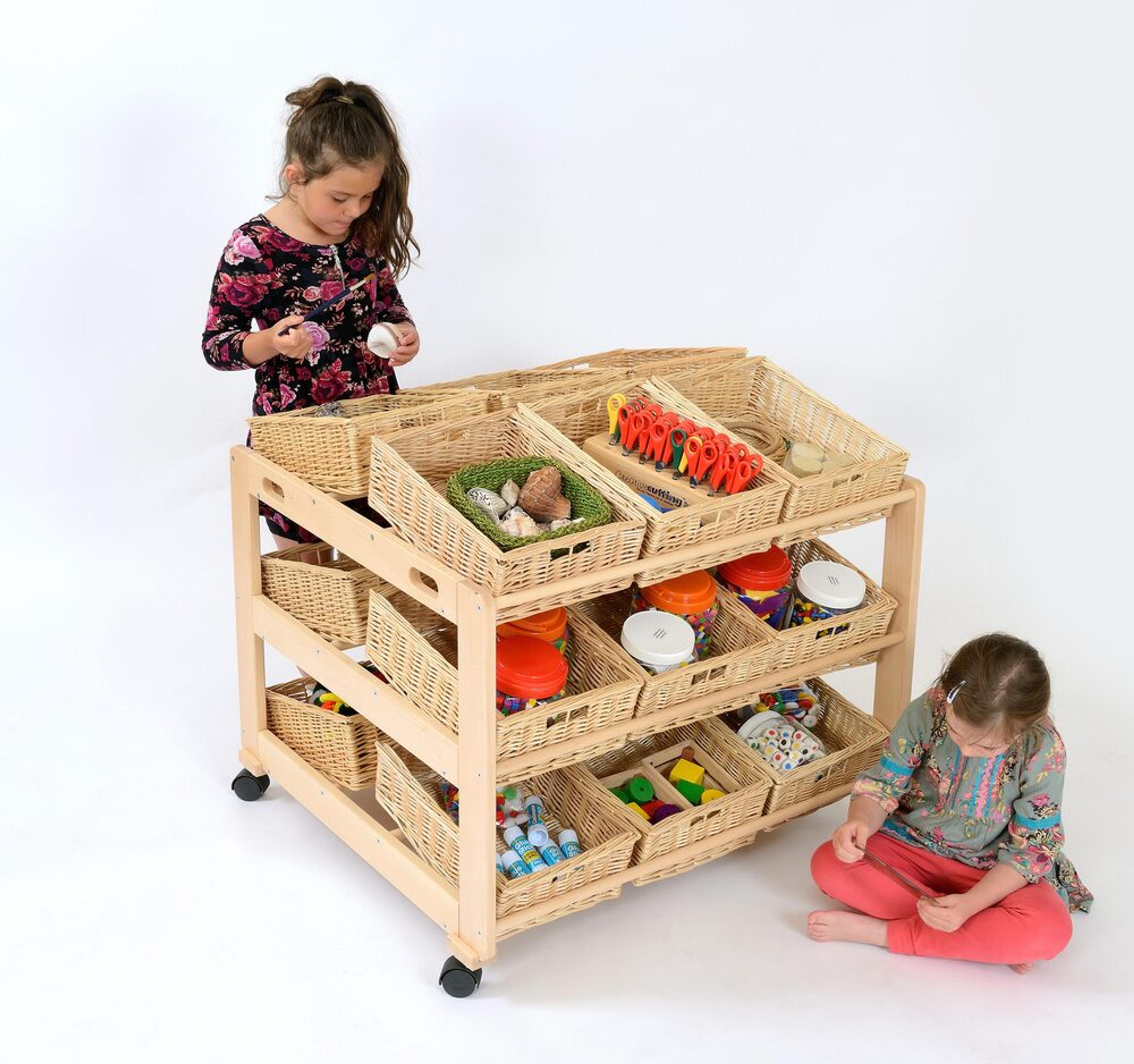 Solid Beech 18 Double Wicker Trays Tidy Trolley