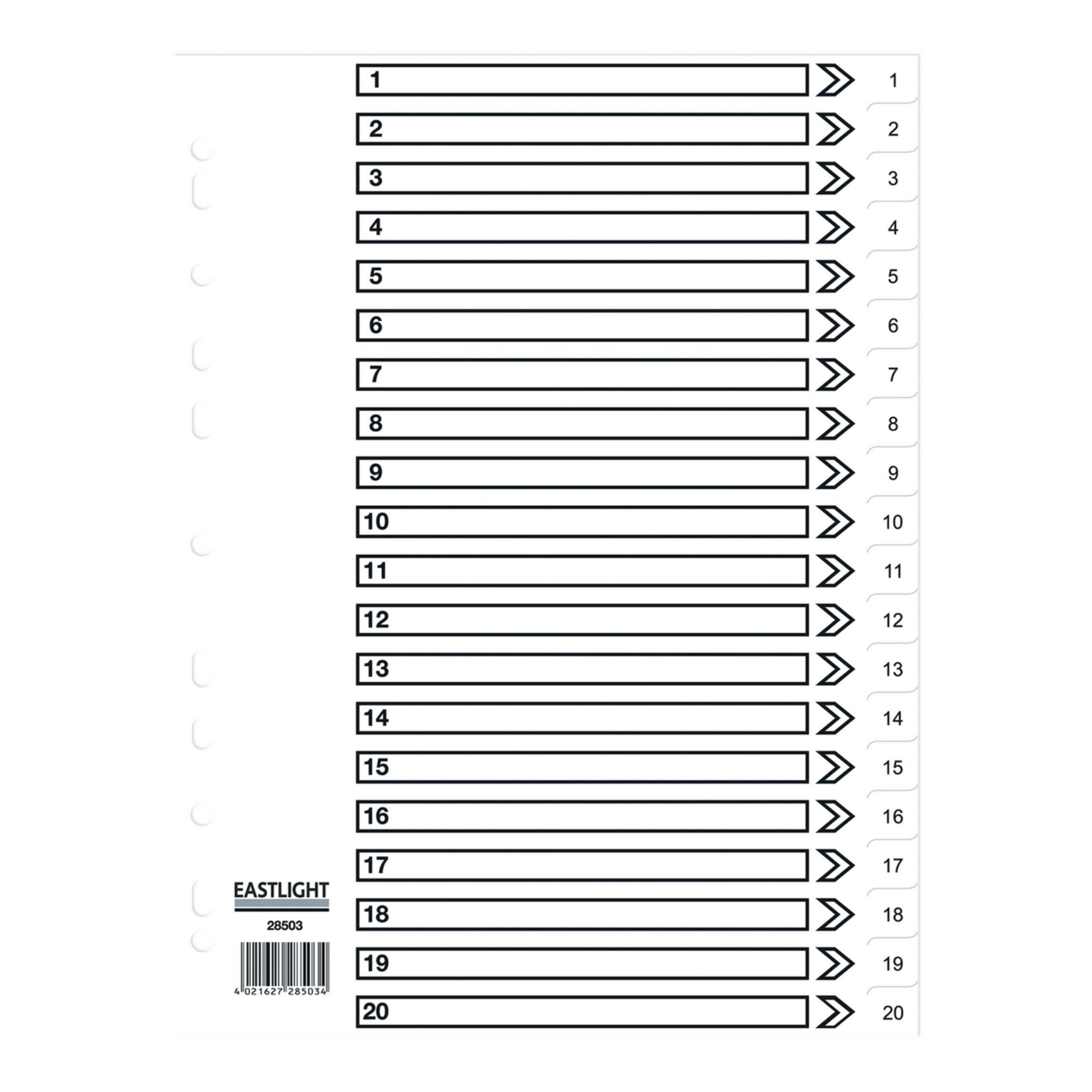 EASTLIGHT 1-20 Part Europunched Polypropylene Dividers - A4 - Pack of 1