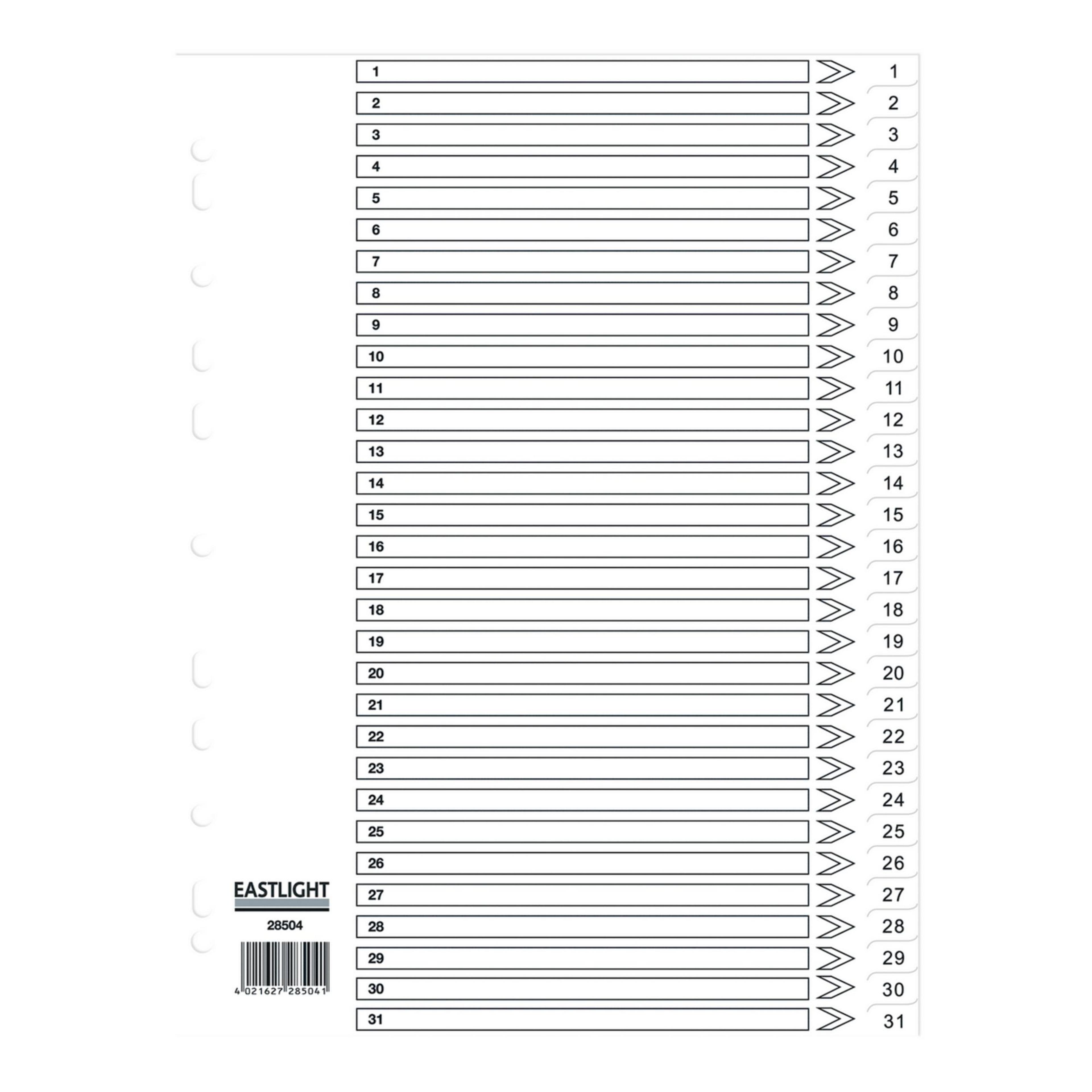 EASTLIGHT 1-31 Part Europunched Polypropylene Dividers - A4 - Pack of 1