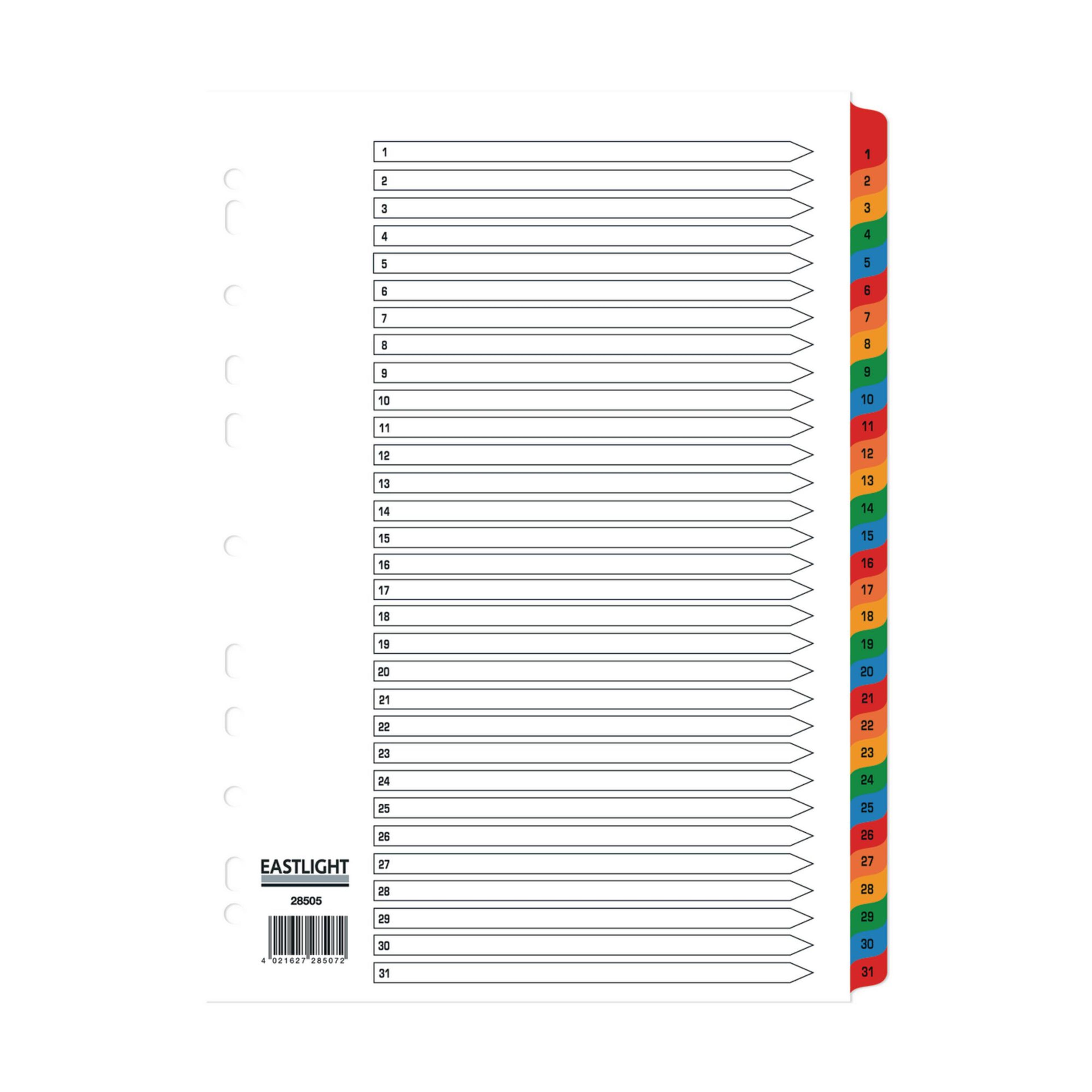 EASTLIGHT 1-31 Part Europunched Mylar Dividers - A4 - Pack of 1