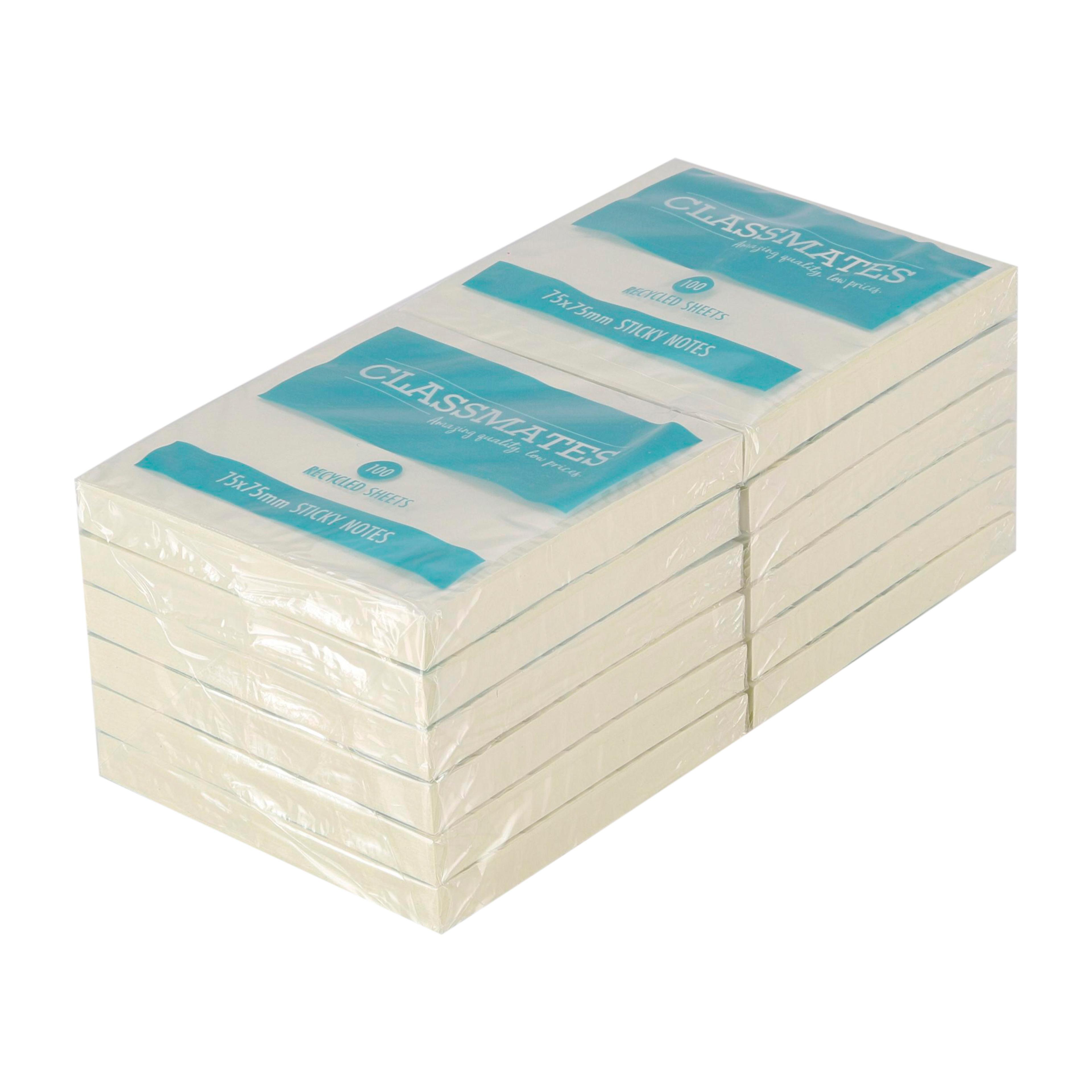 Classmates Recycled Sticky Notes - Yellow - 75 x 75mm - Pack of 12