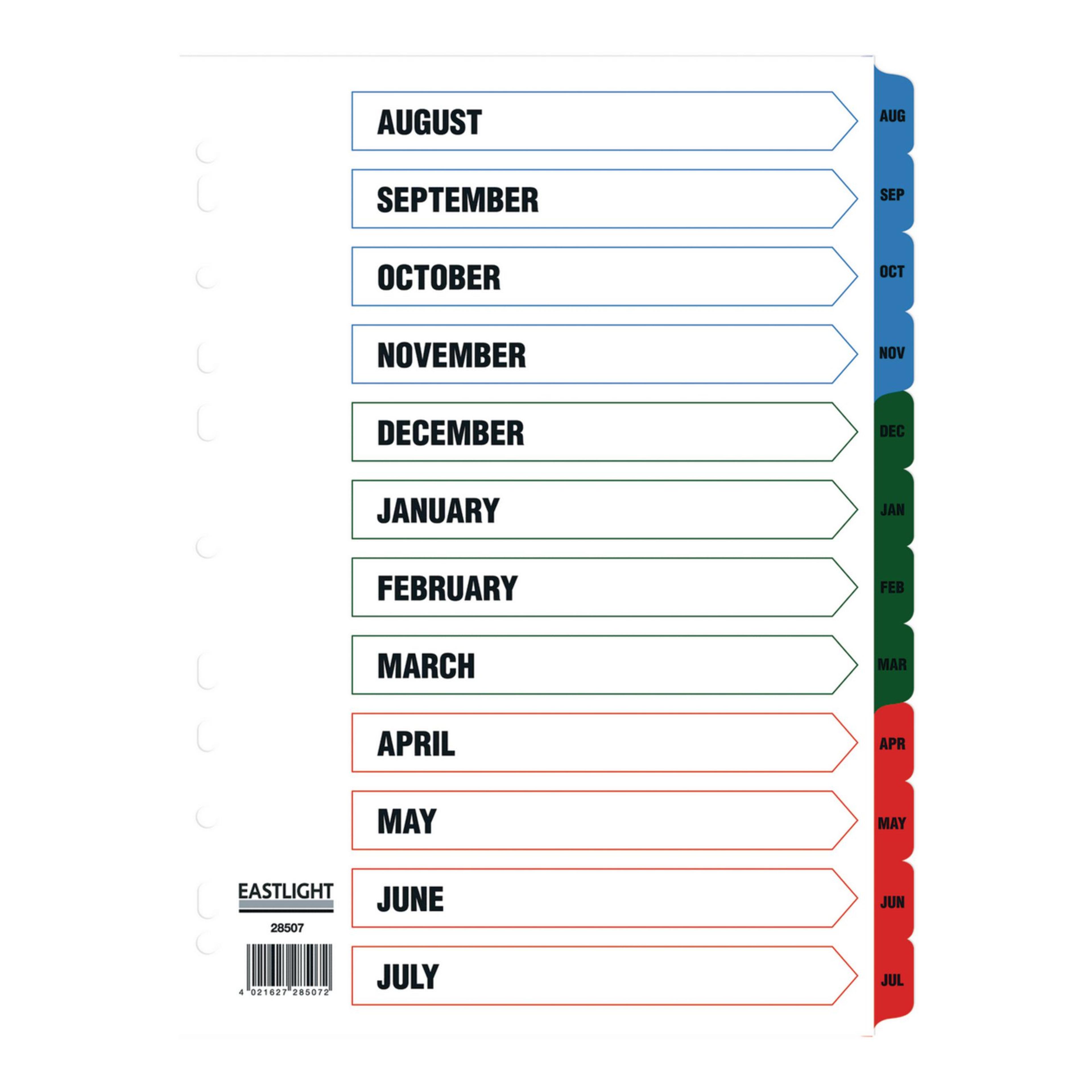 EASTLIGHT Europunched Academic Year Dividers Aug-Jul - A4 - Pack of 1