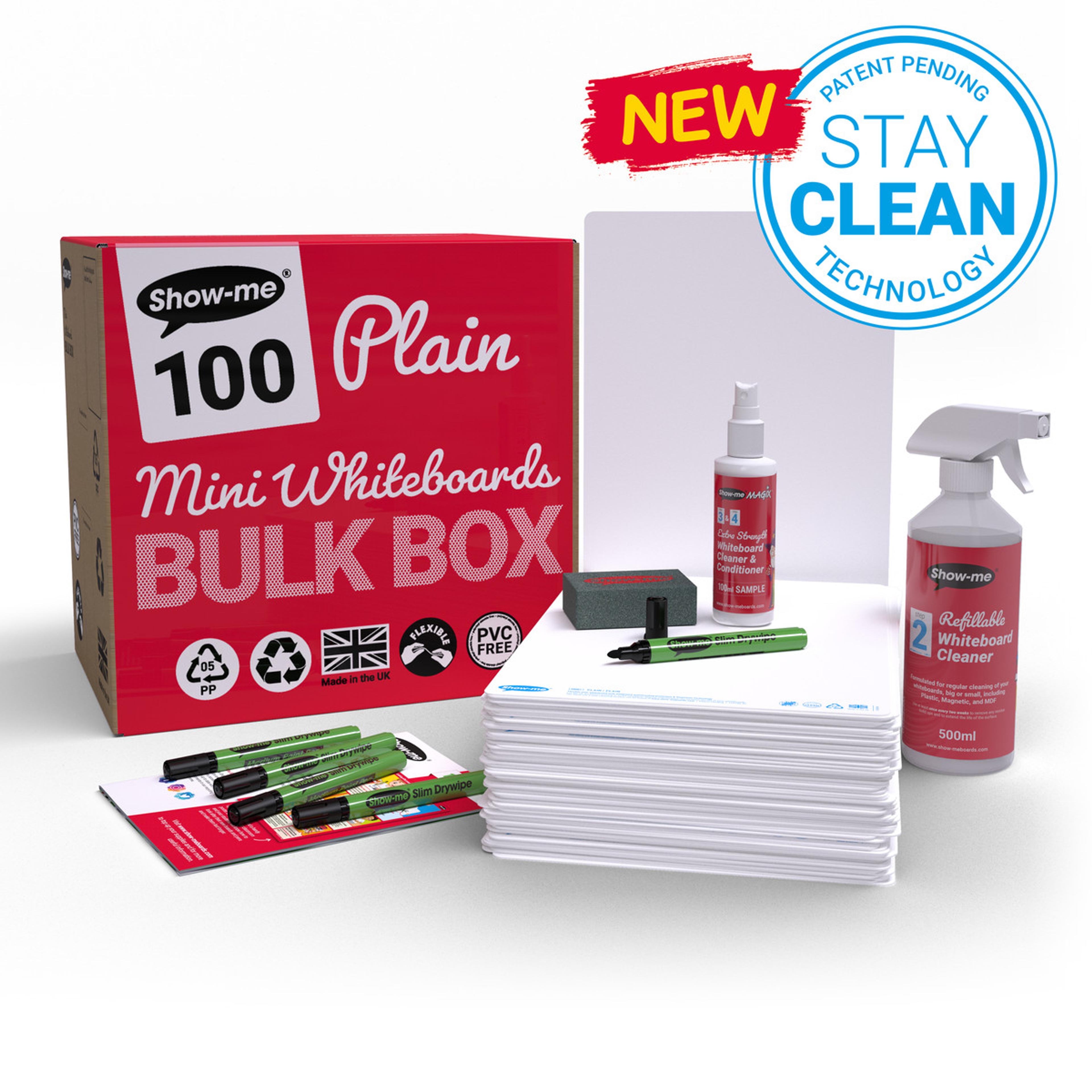 Show-me® Bulk Box of 100 x A4 Plain Whiteboards, with Pens & Erasers plus 2 Free Cleaners