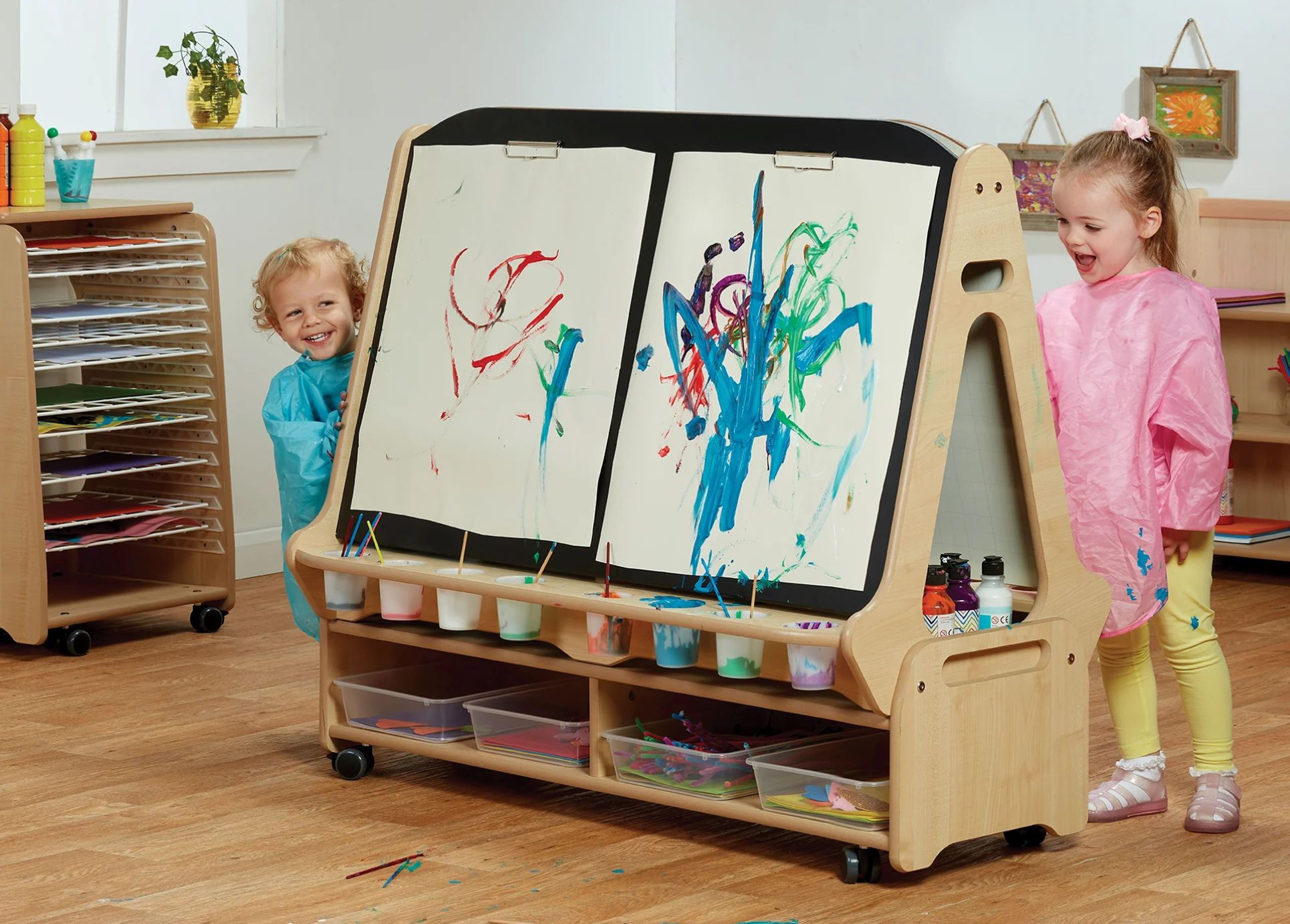 Millhouse Double-sided 4 Station Whiteboard Easel with Low Storage Trolley