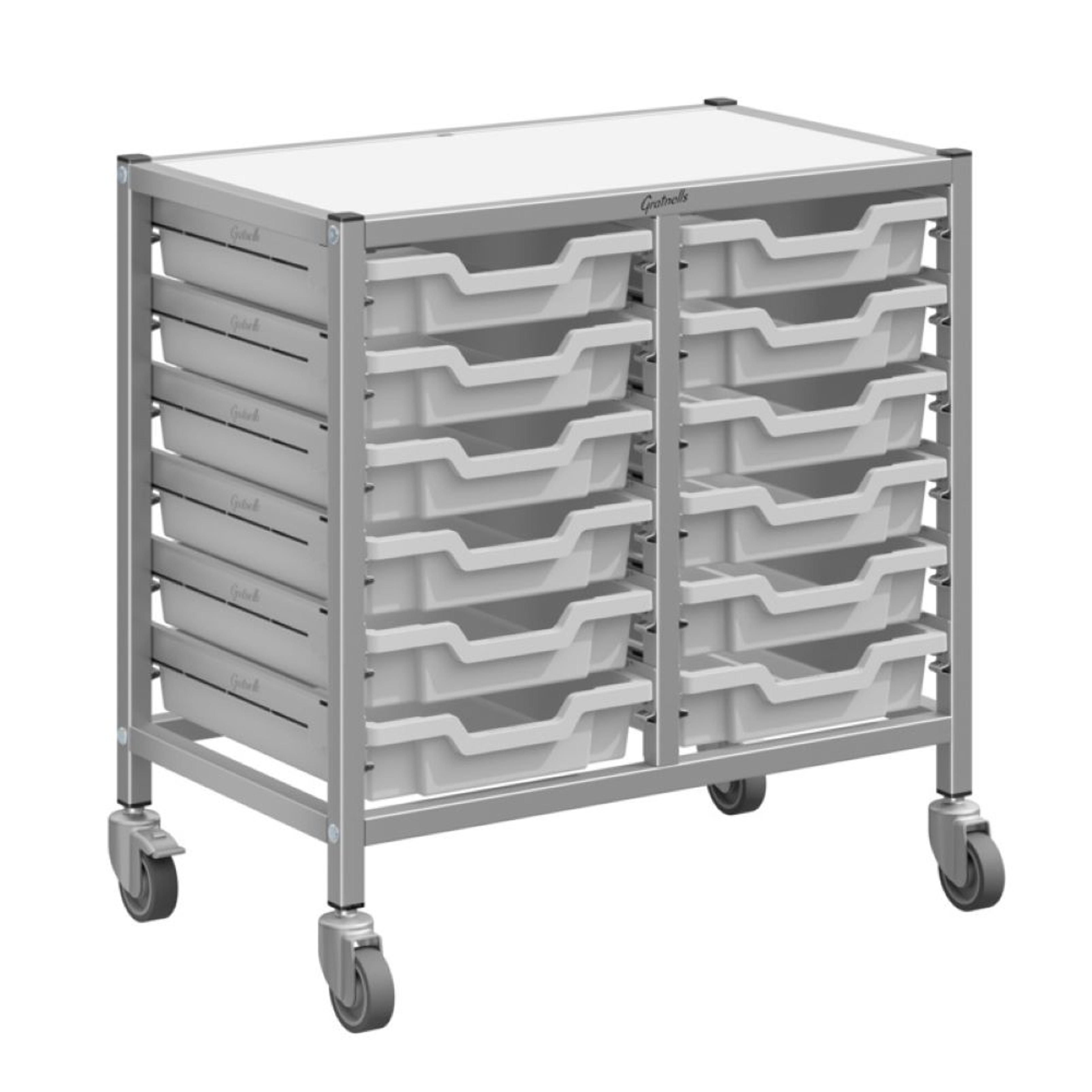 Gratnells Dynamis Double Silver Trolley & 12 Shallow Trays - Light Grey