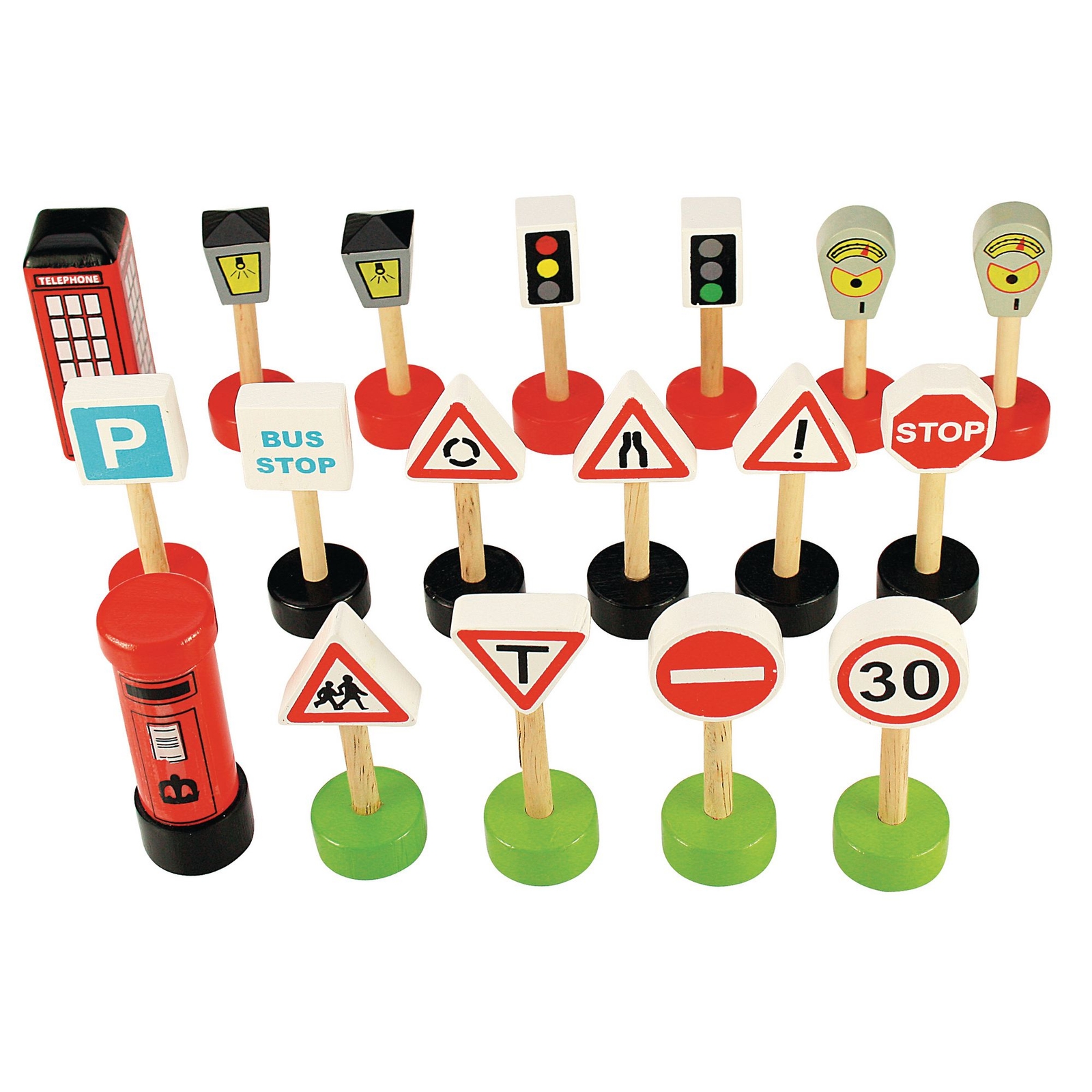 Bigjigs Wooden Road Signs - 65 x 25mm Maximum - Assorted - Pack of 18