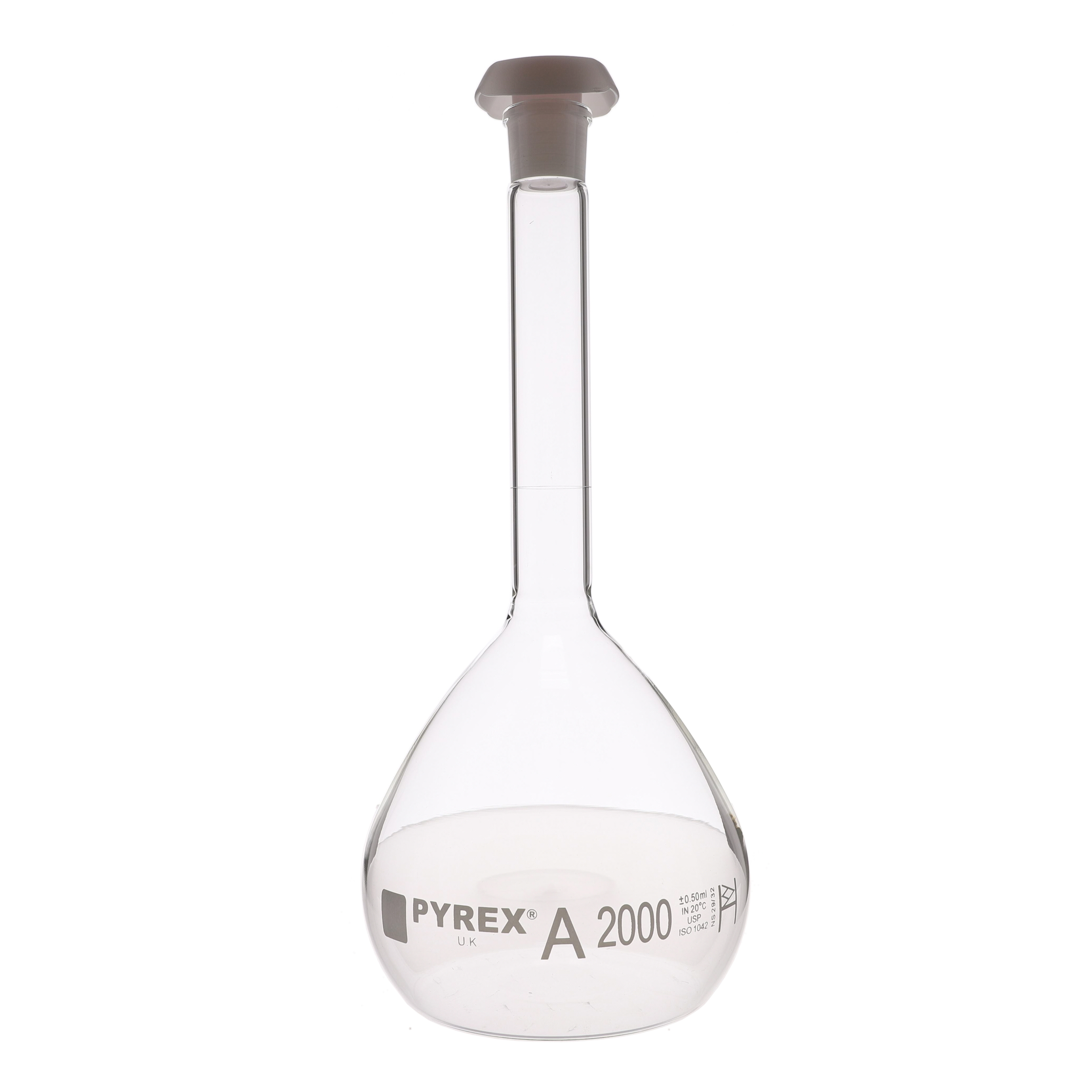 Corning Pyrex Borosilicate Glass Class A Certified and Serialized Volumetric Flasks with Glass Standard Taper Stopper 2000ml Capacity 