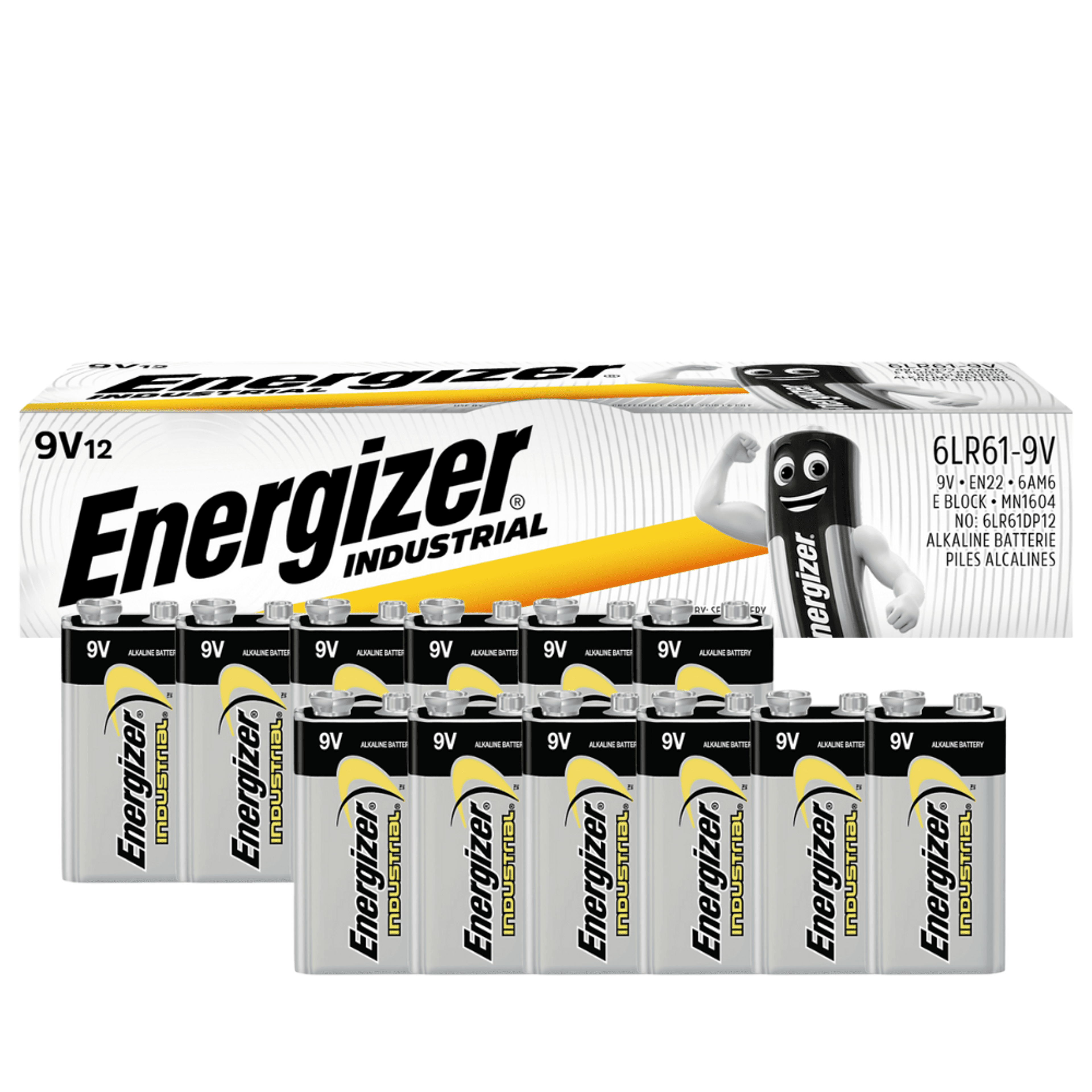 Energizer Industrial Alkaline Battery  - 9V, 6LR61 - Pack of 12