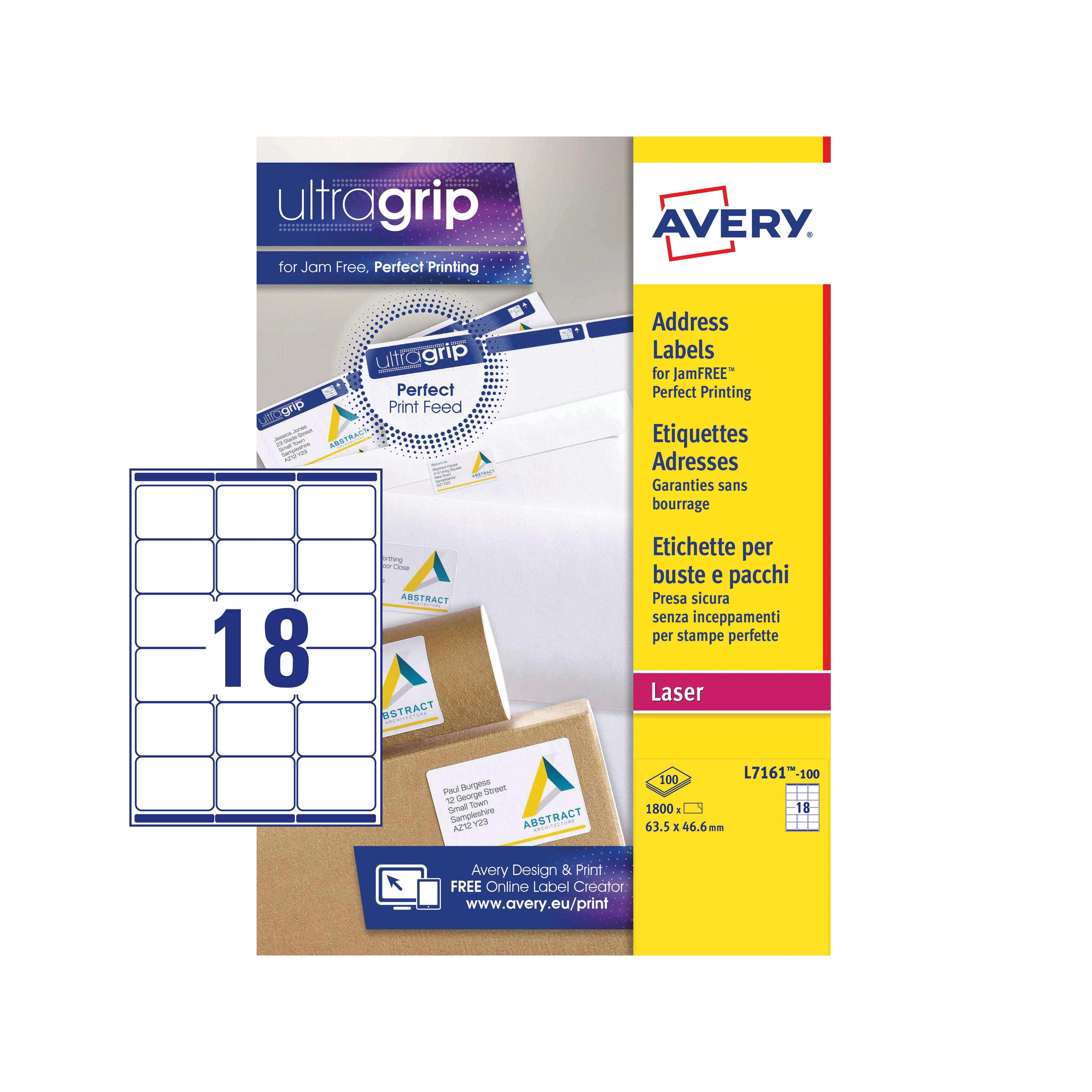 AVERY Jam-Free Quick PEEL Label - White - 63.5x46.6mm -18 Per Sheet - Pack of 100