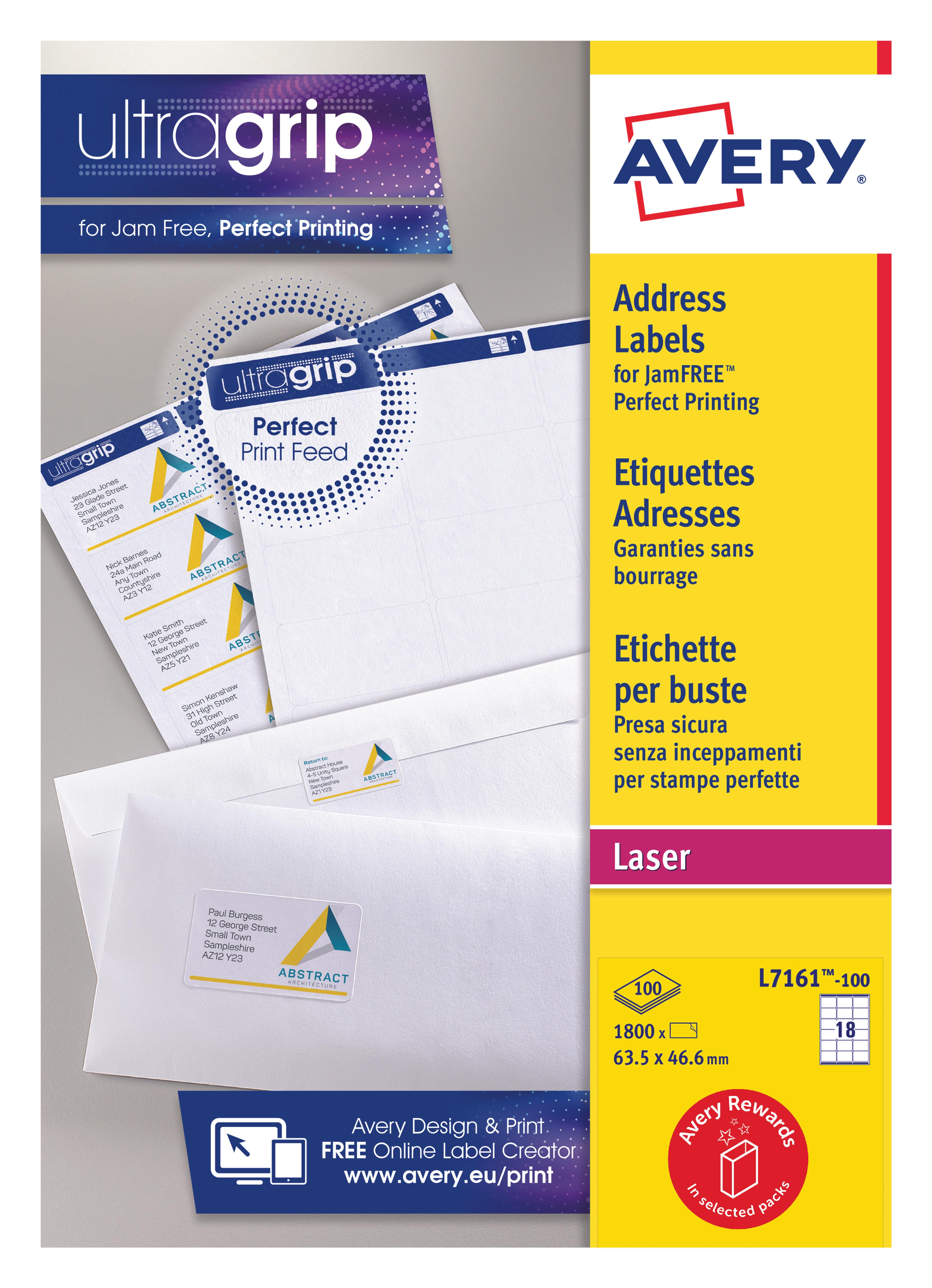 AVERY Jam-Free Quick PEEL Label - White - 63.5x46.6mm -18 Per Sheet - Pack of 100