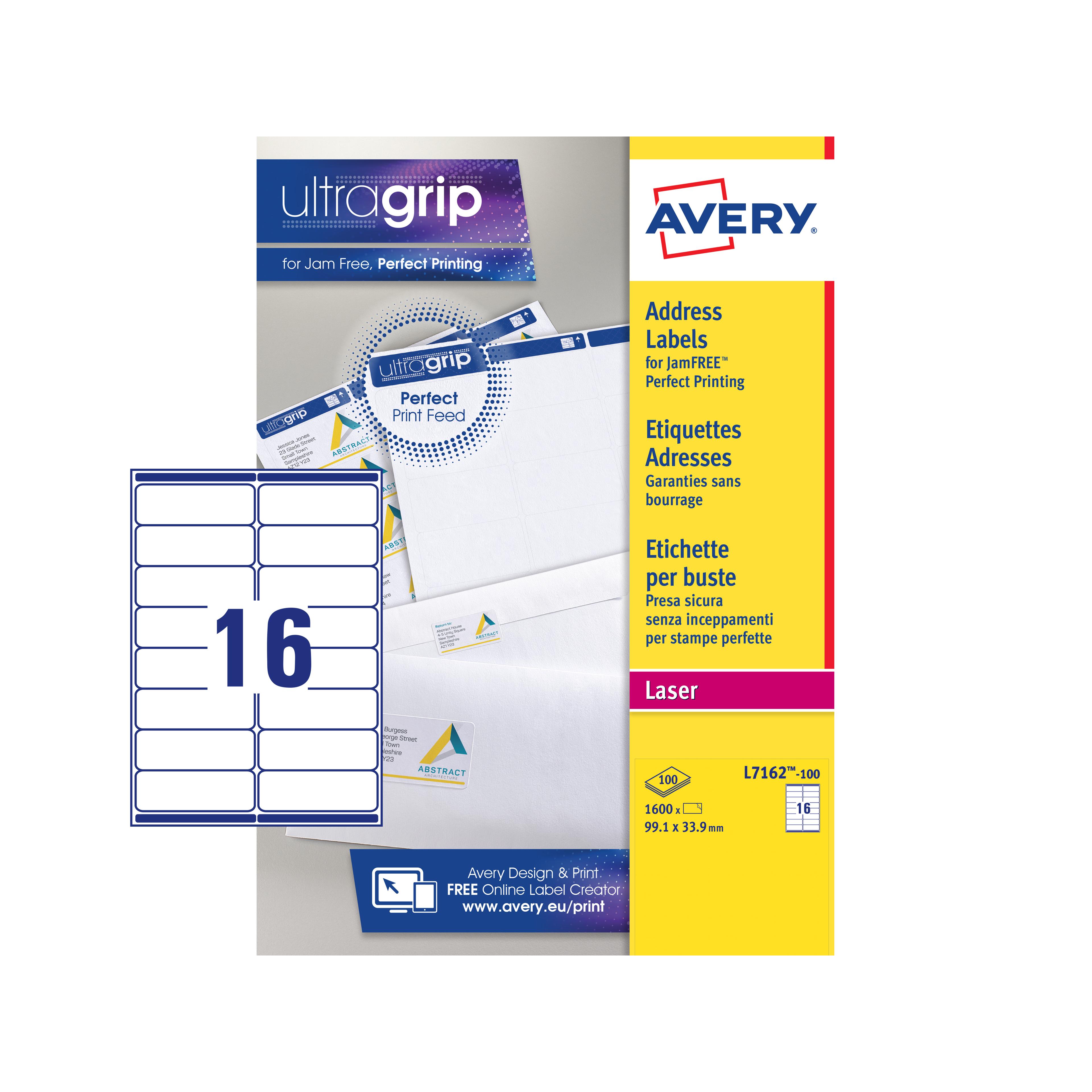 AVERY Jam-Free Quick PEEL Labels -White - 99.1x33.9mm -16 Per Sheet - Pack of 100