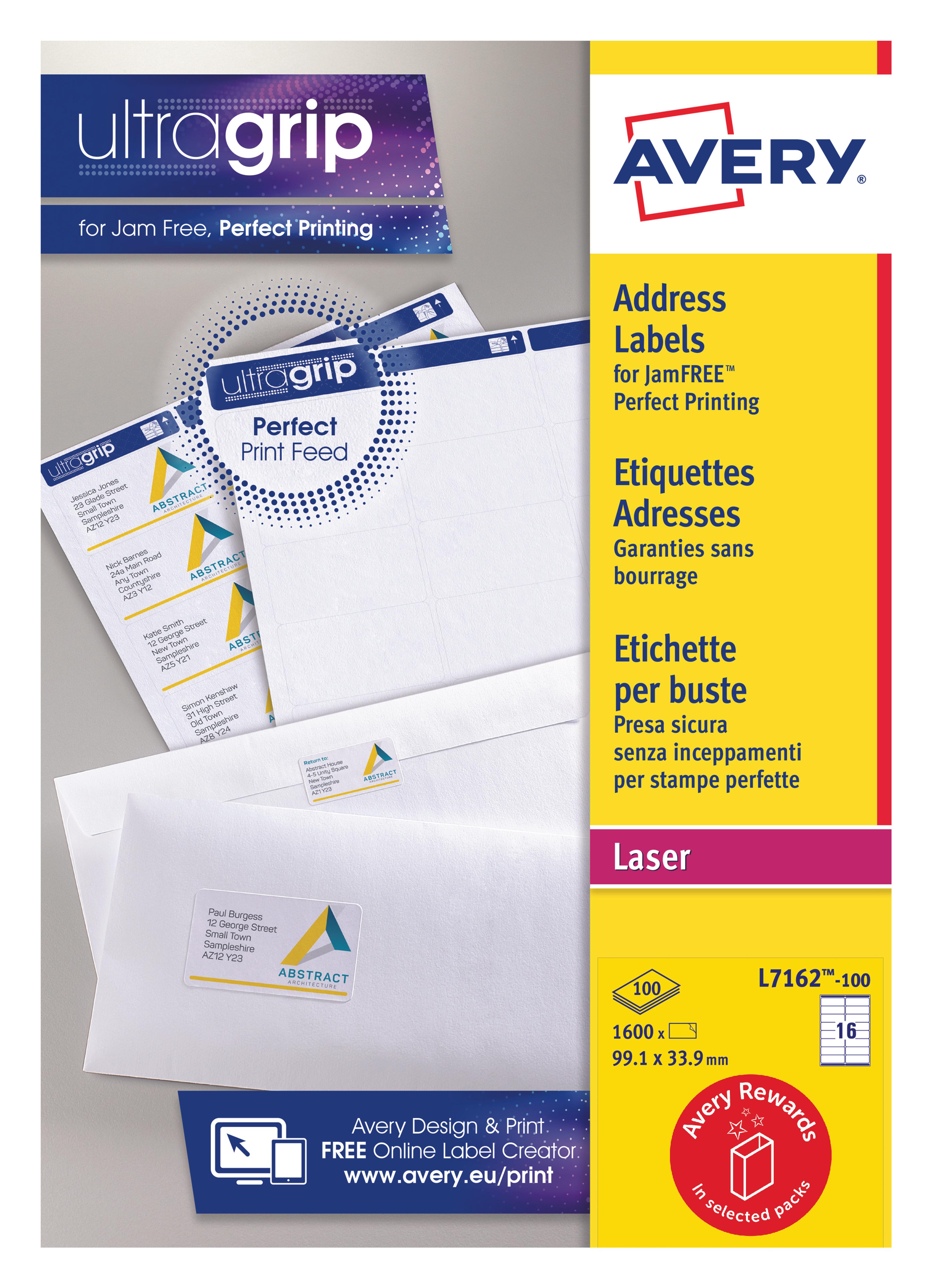 AVERY Jam-Free Quick PEEL Labels -White - 99.1x33.9mm -16 Per Sheet - Pack of 100