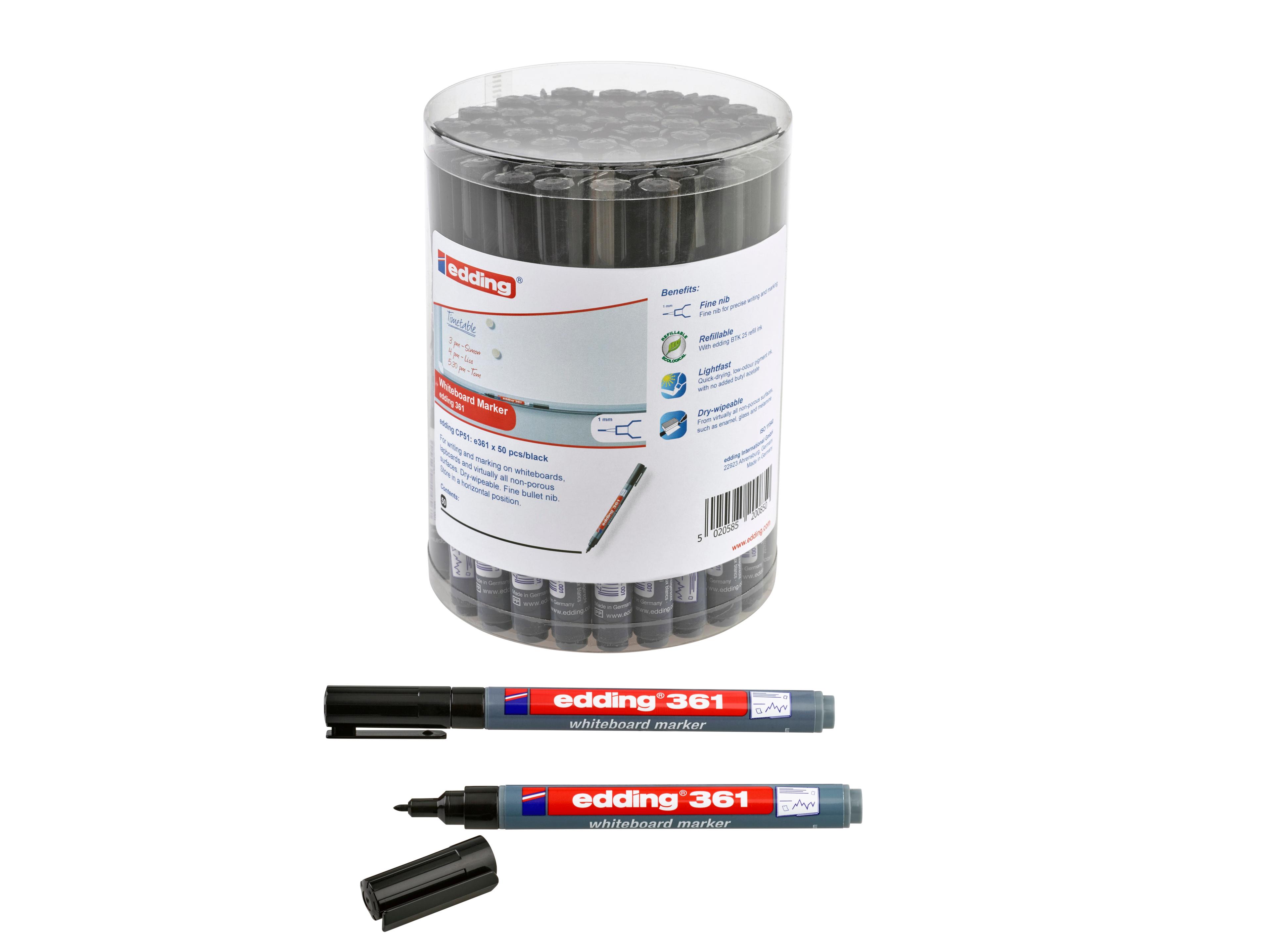 edding 361 Whiteboard Marker Pens - Black - Fine Tip - Pack of 50