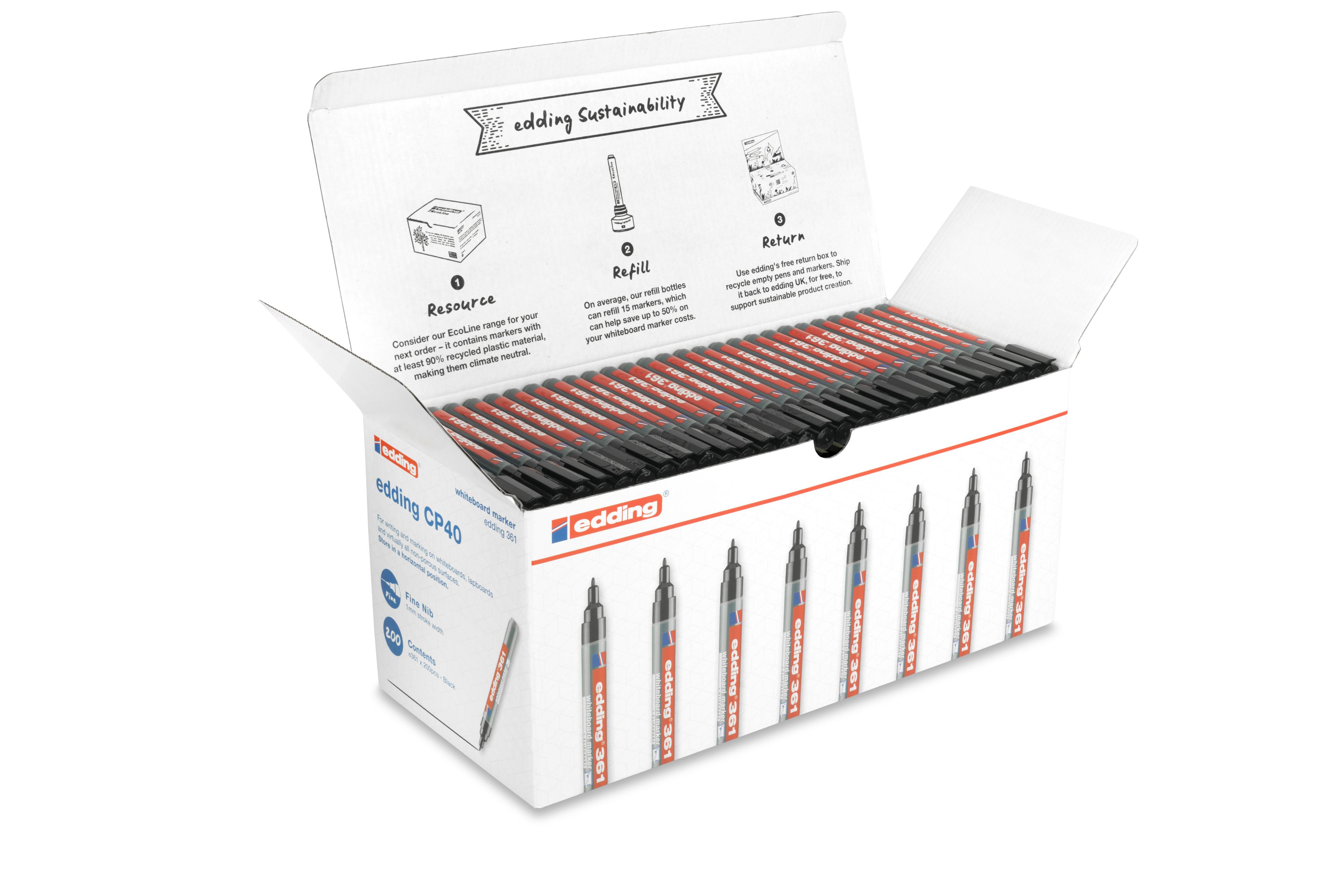 edding 361 Whiteboard Marker Pens - Black - Fine Tip - Pack of 200
