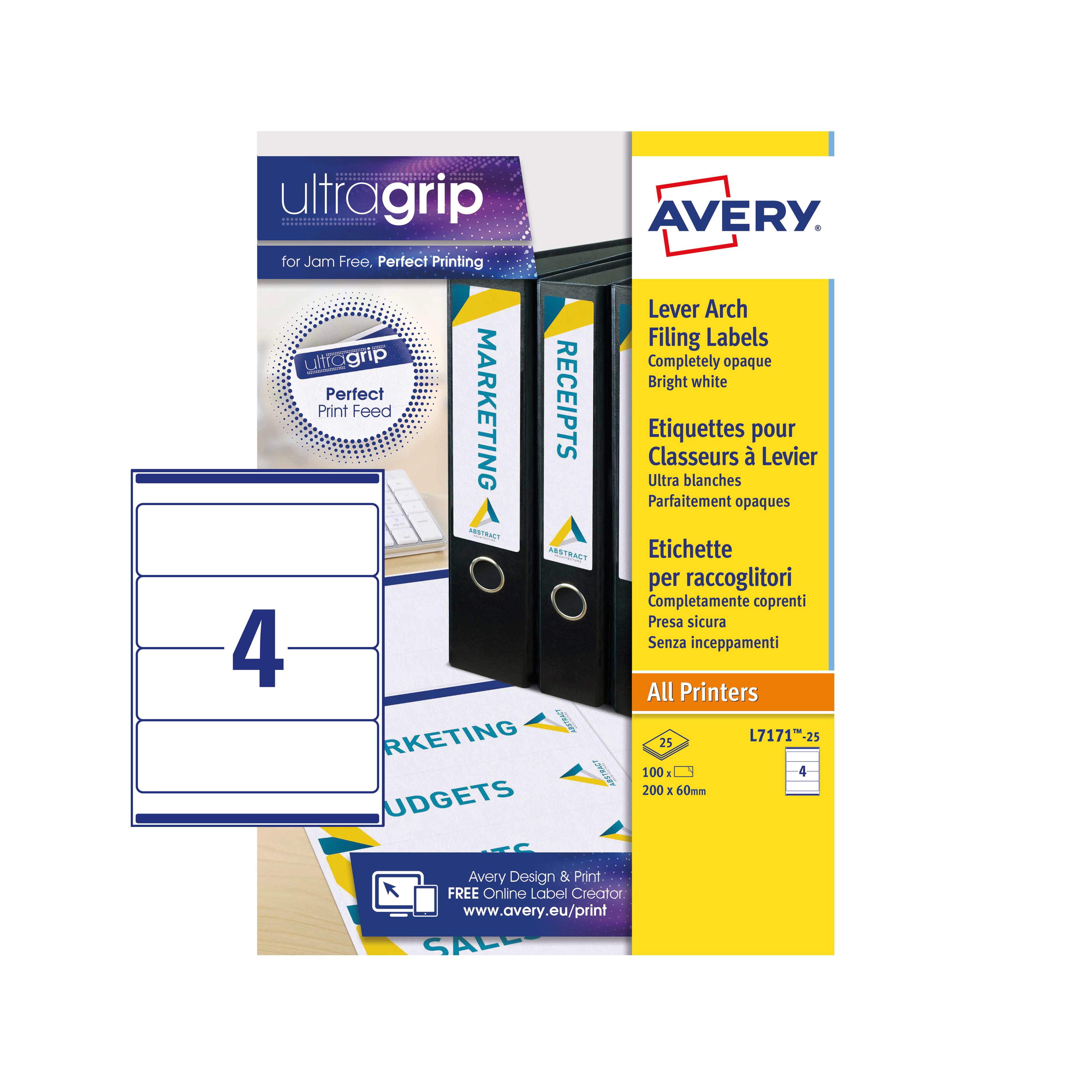AVERY Lever Arch Filing Labels - White - 200x60mm - 4 Per Sheet - Pack of 25