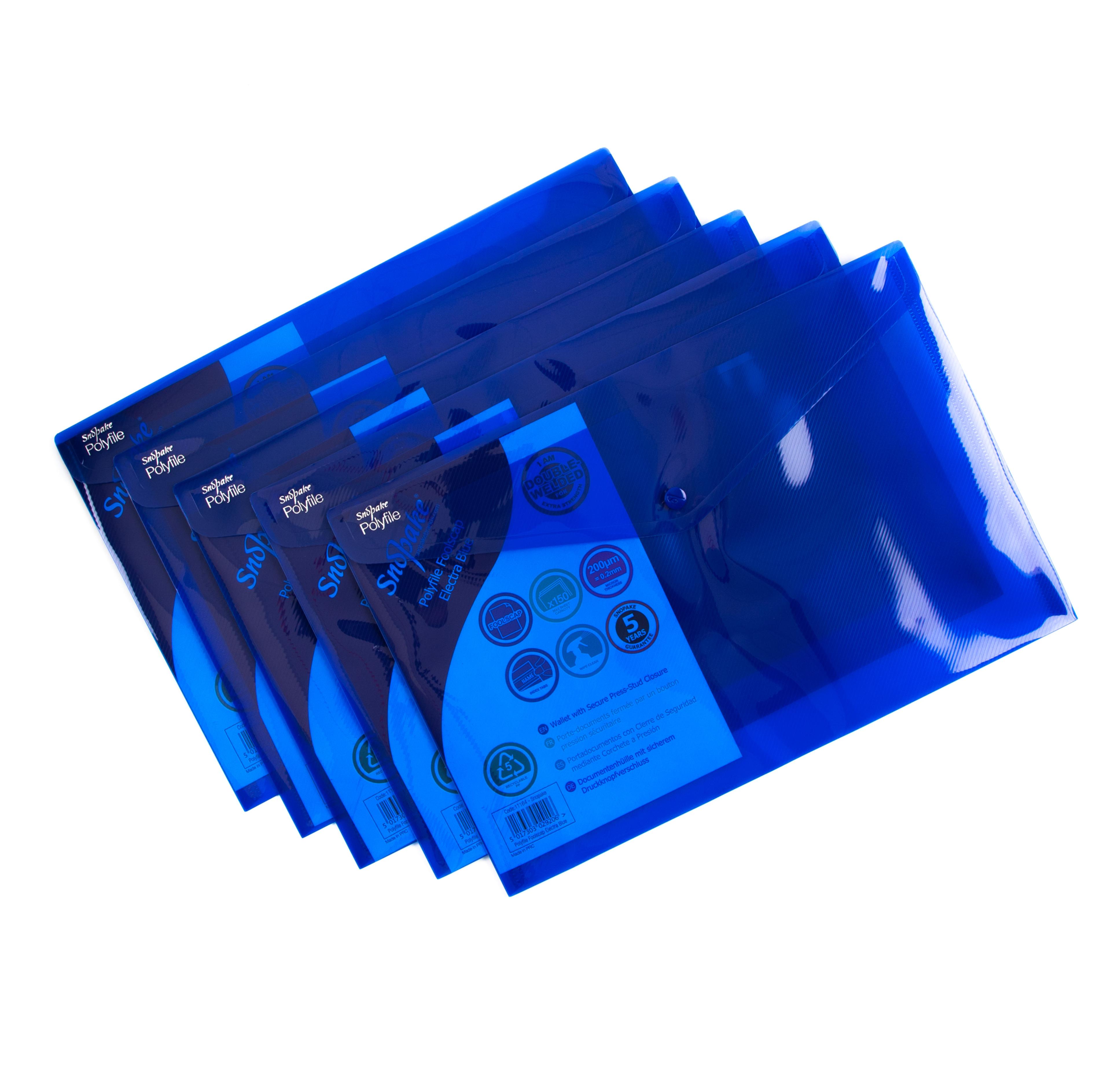 Snopake Electra Polyfile Popper Wallet - Foolscap - Blue - Pack of 5
