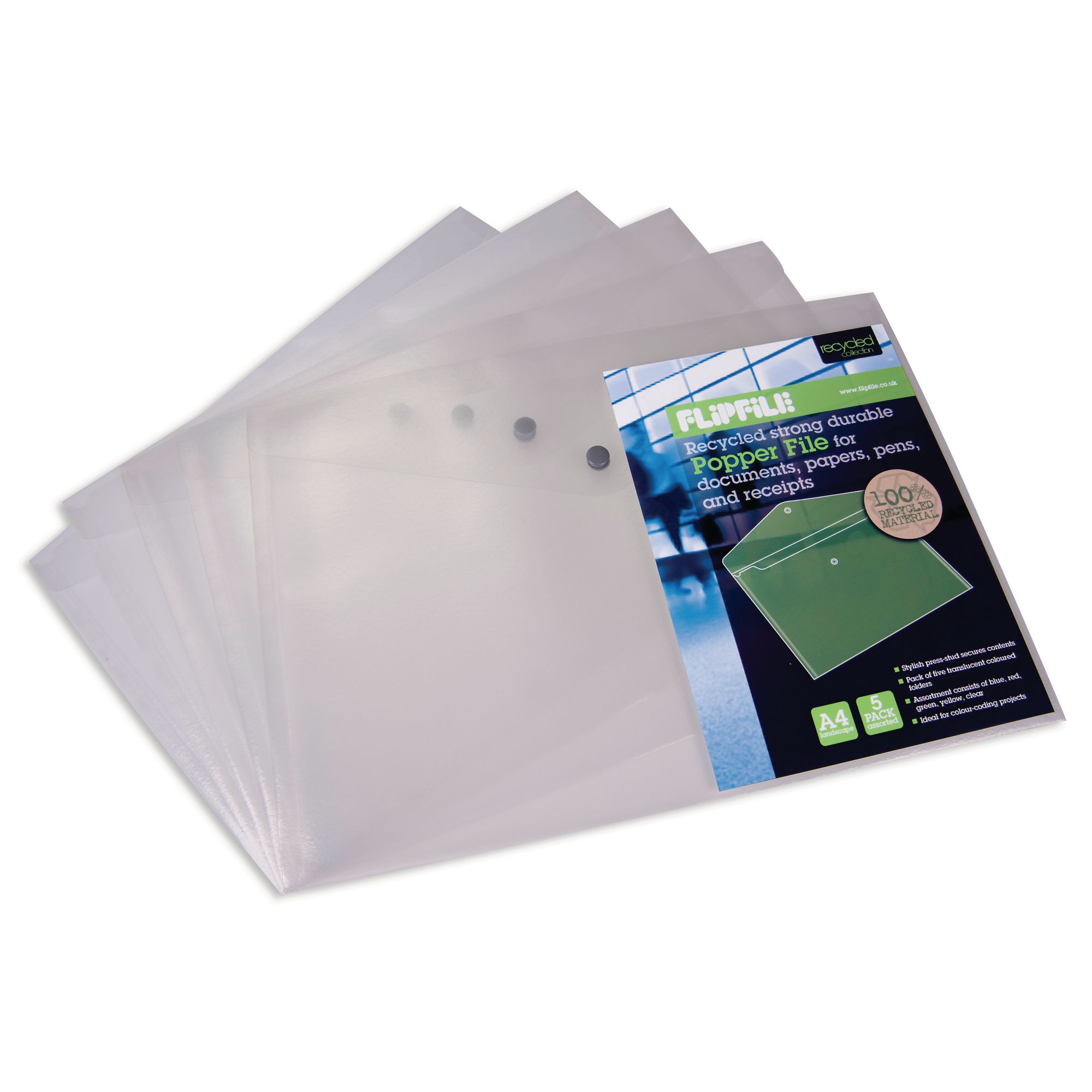 Pack of 10 eco034x2 Plastic Folders eco-eco A3 50% Recycled Clear Transparent Press Stud Popper Wallet