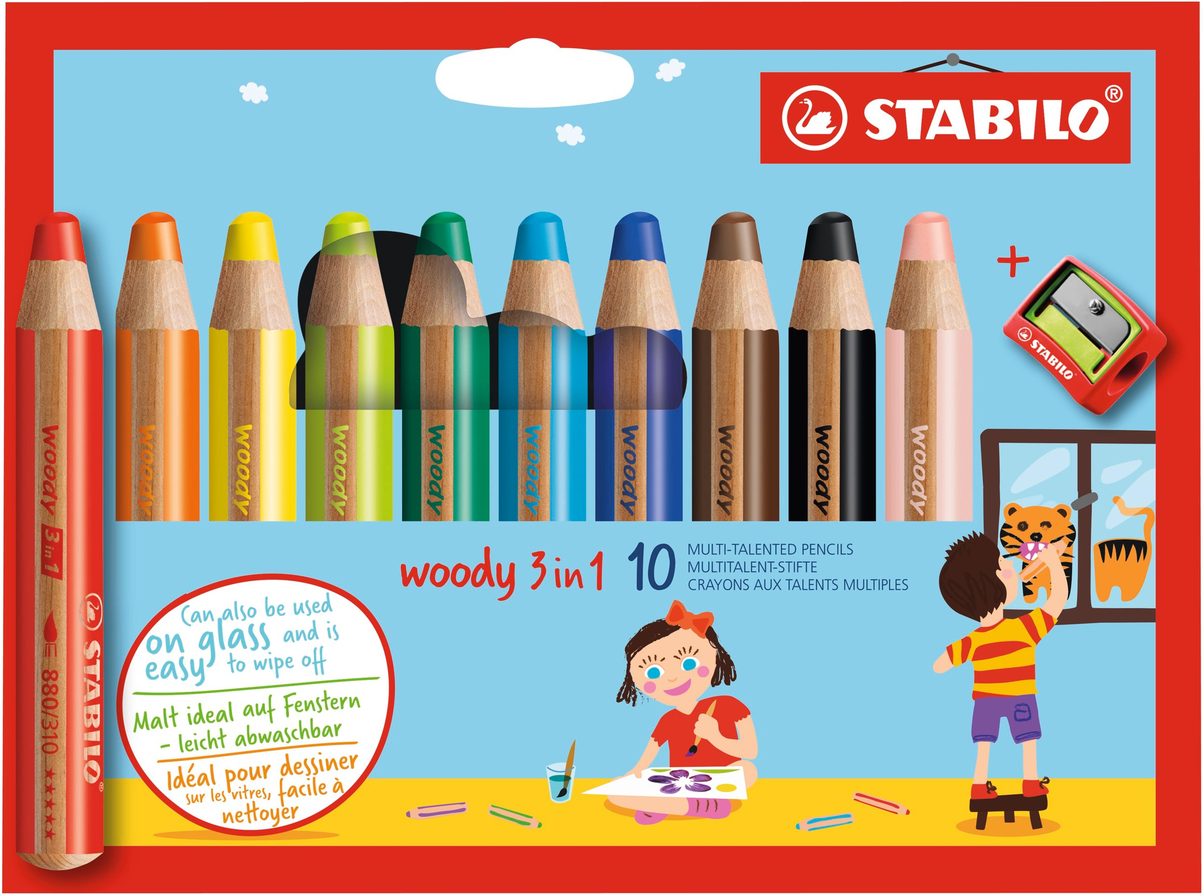 STABILO Woody 3 in 1 Colouring Pencils Wallet - Pack of 10 (+ Pencil Sharpener)