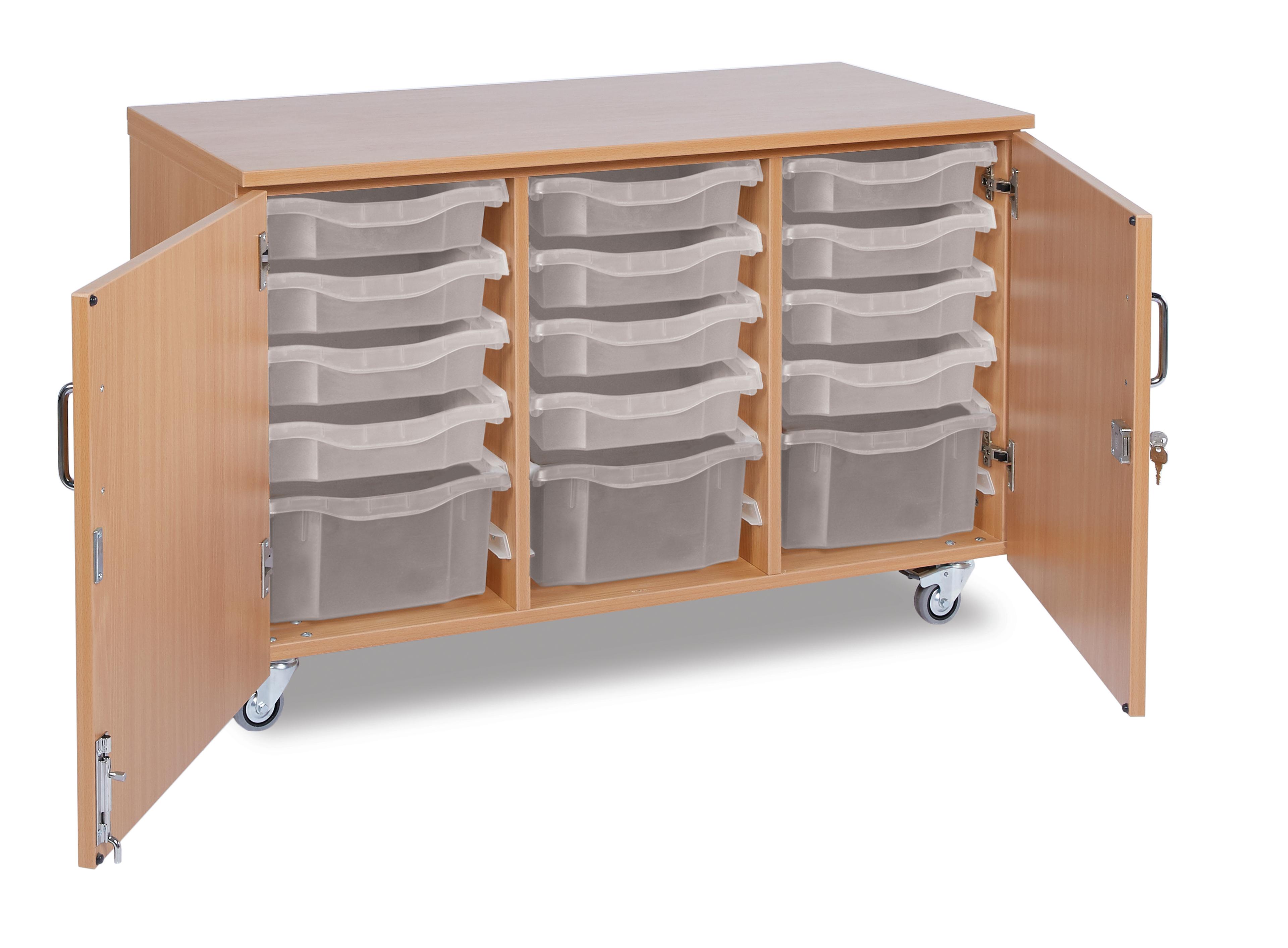 GALT Mobile Storage Unit with Doors - 12 Shallow/3 Deep Trays - Wood/Clear