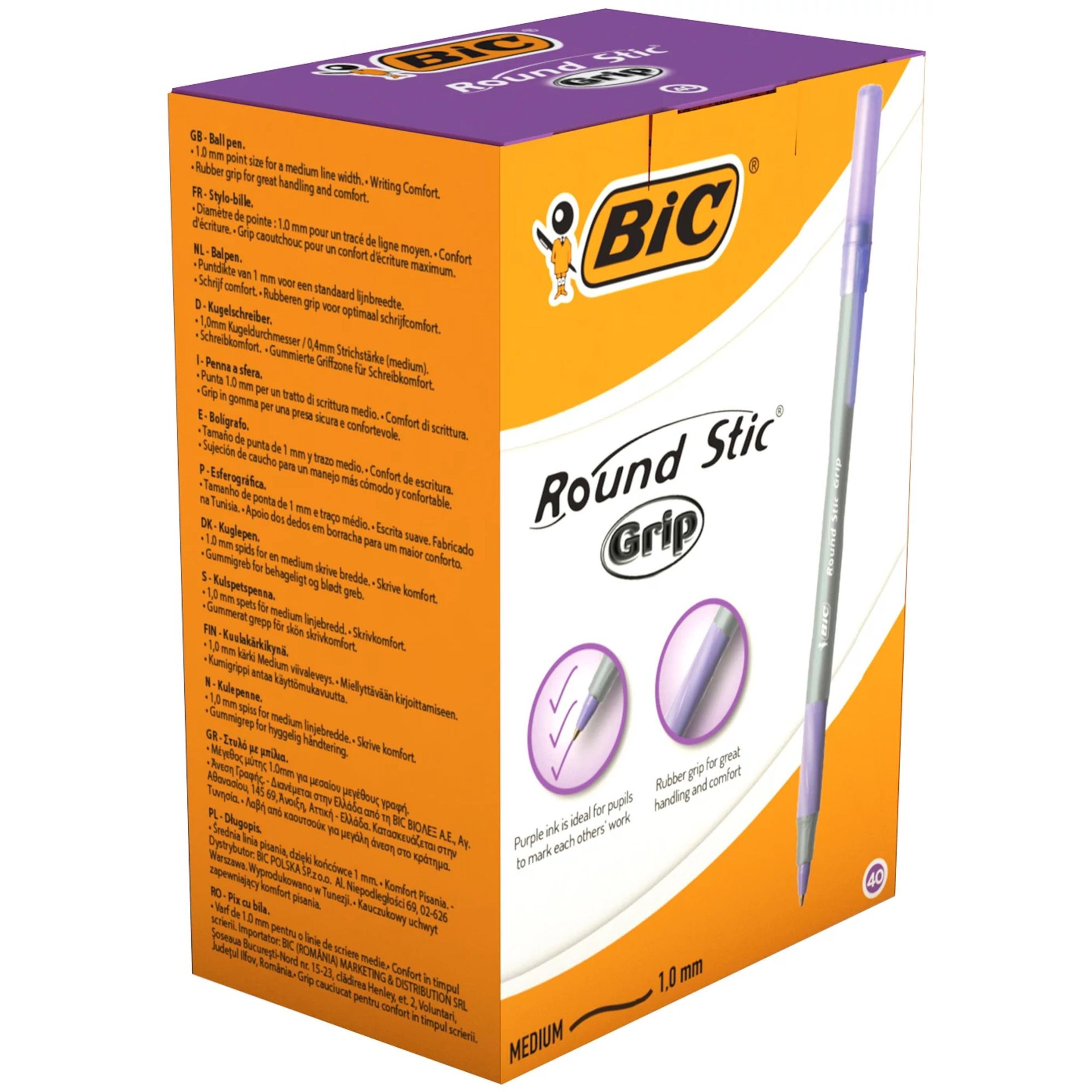 BIC Round Stic Grip Medium Ballpoint Pen - 1.00mm Point - Purple - Pack of 40 