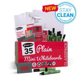 Show-me® Classpack of 35 x A4 Plain Whiteboards, with Pens & Erasers plus 2 Free Cleaners