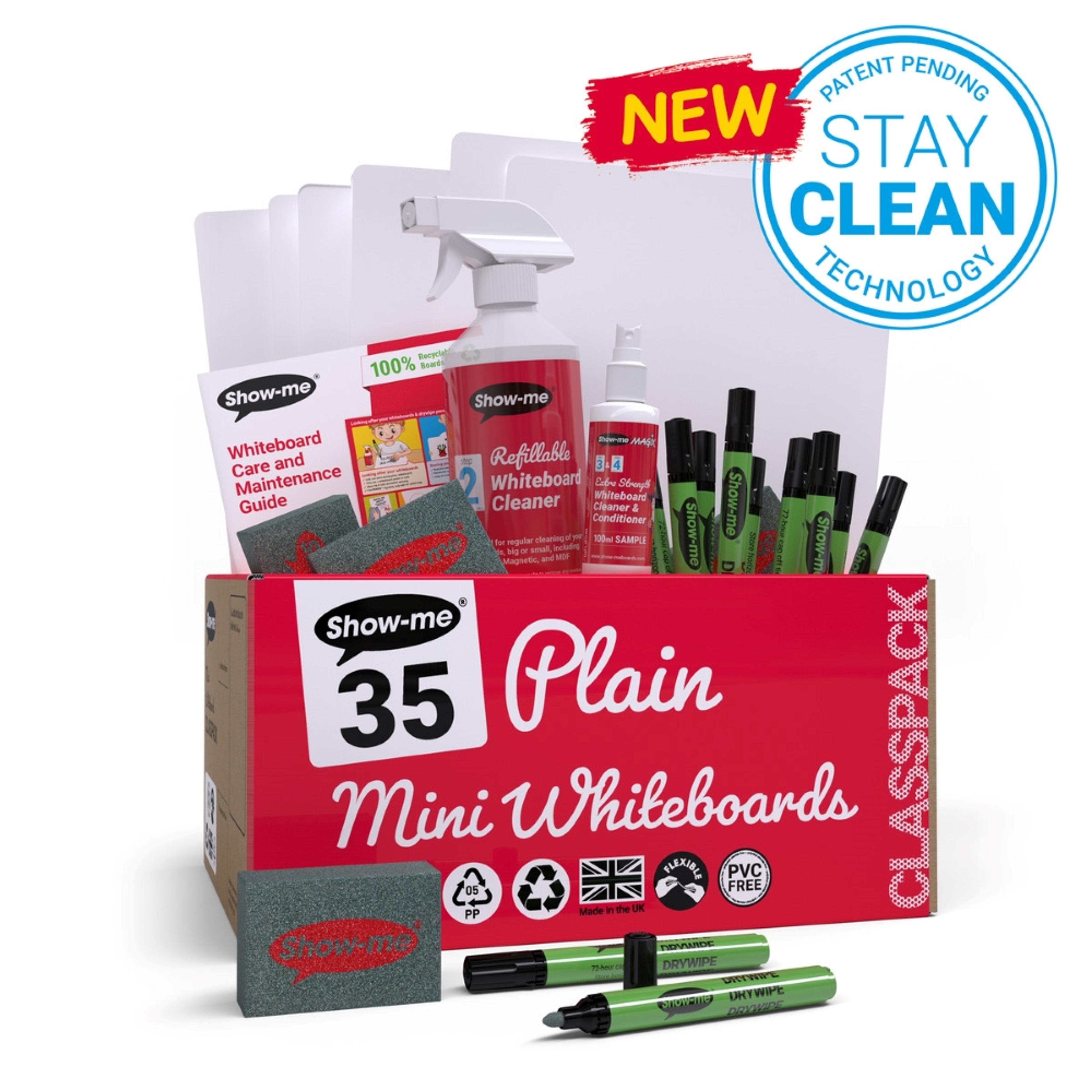 Show-me® Classpack of 35 x A4 Plain Whiteboards, with Pens & Erasers plus 2 Free Cleaners
