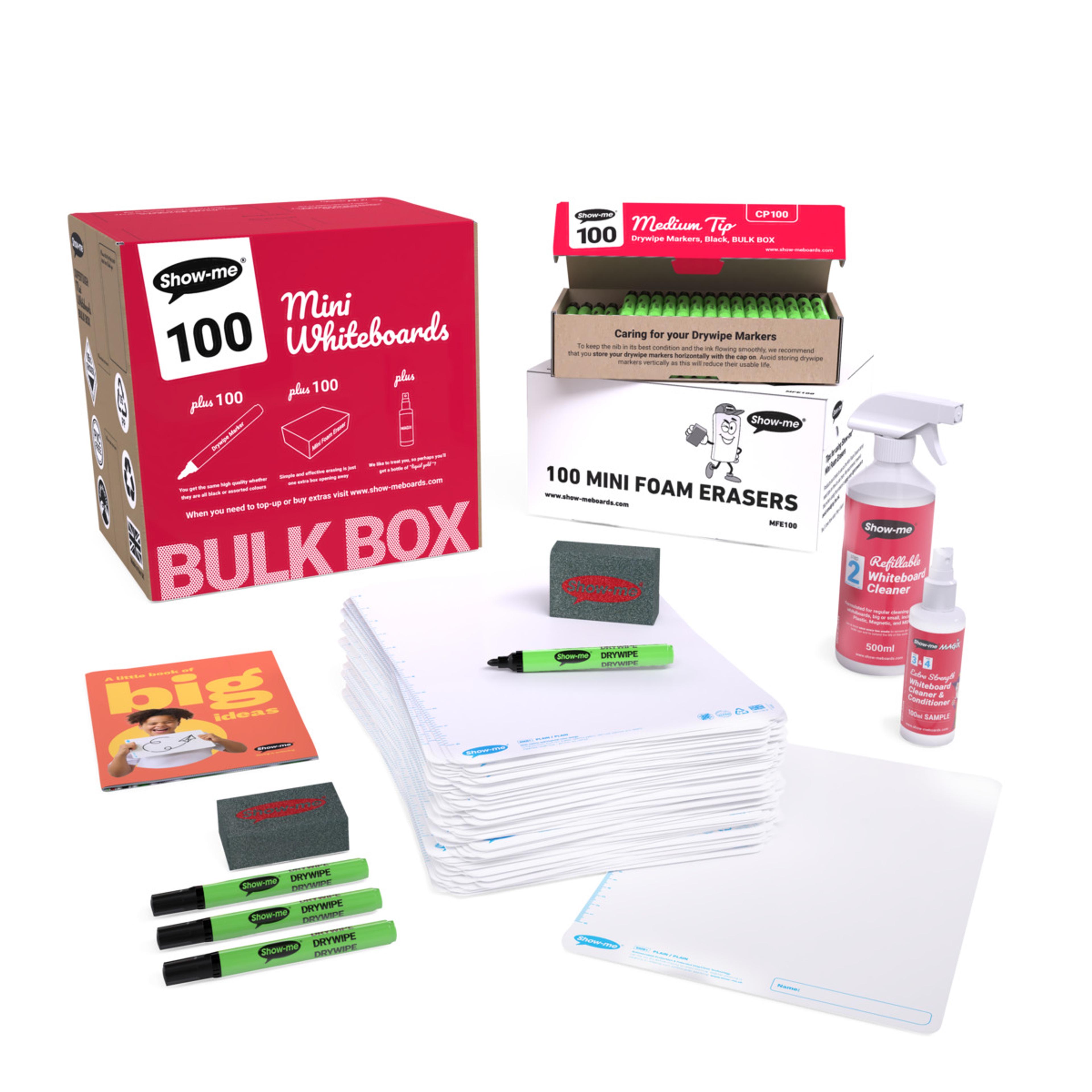 Show-me® Bulk Box of 100 x A4 Plain Whiteboards, with Pens & Erasers plus 2 Free Cleaners