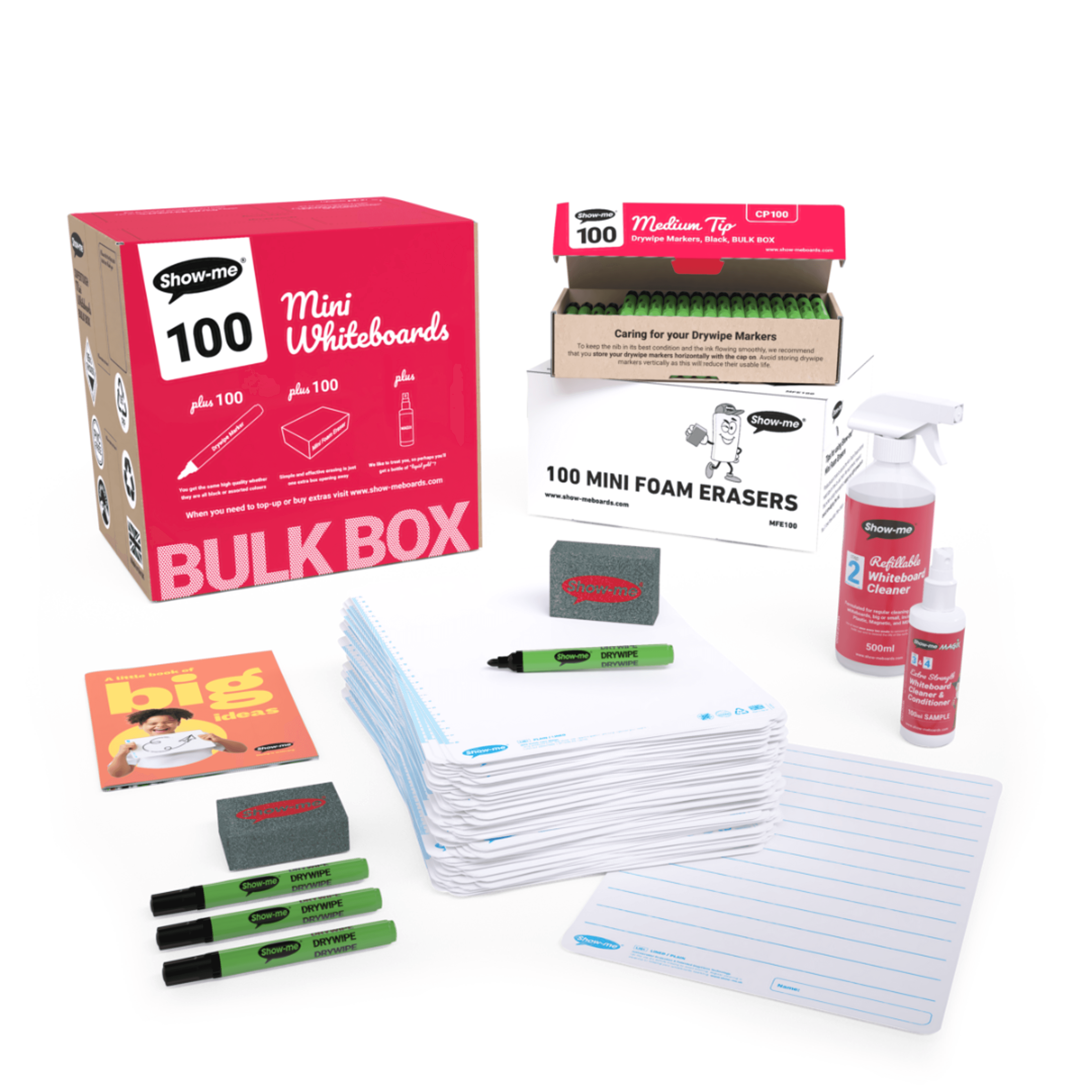 Show-me® Bulk Box of 100 x A4 Lined Whiteboards, with Pens & Erasers plus 2 Free Cleaners