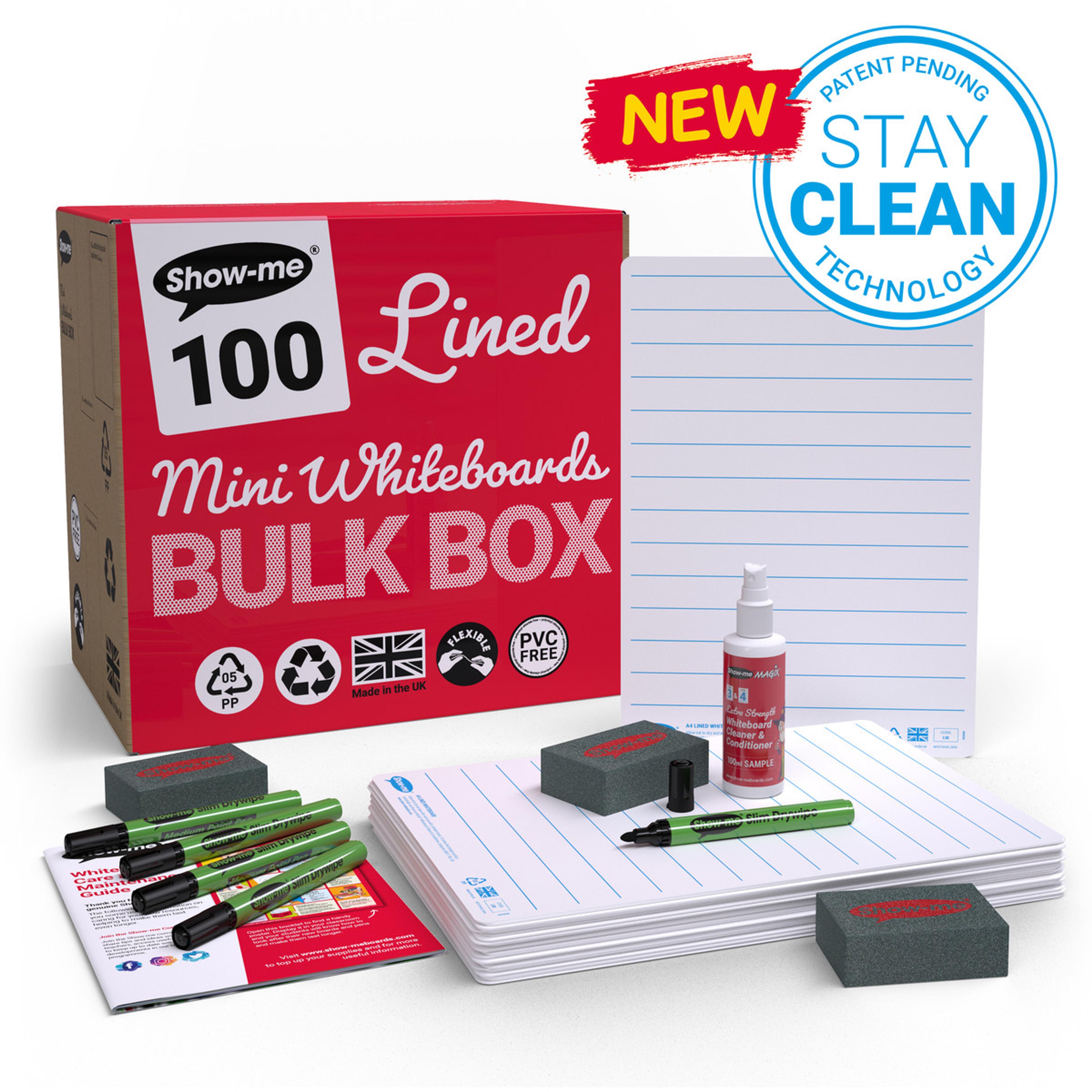 Show-me® Bulk Box of 100 x A4 Lined Whiteboards, with Pens & Erasers plus 2 Free Cleaners