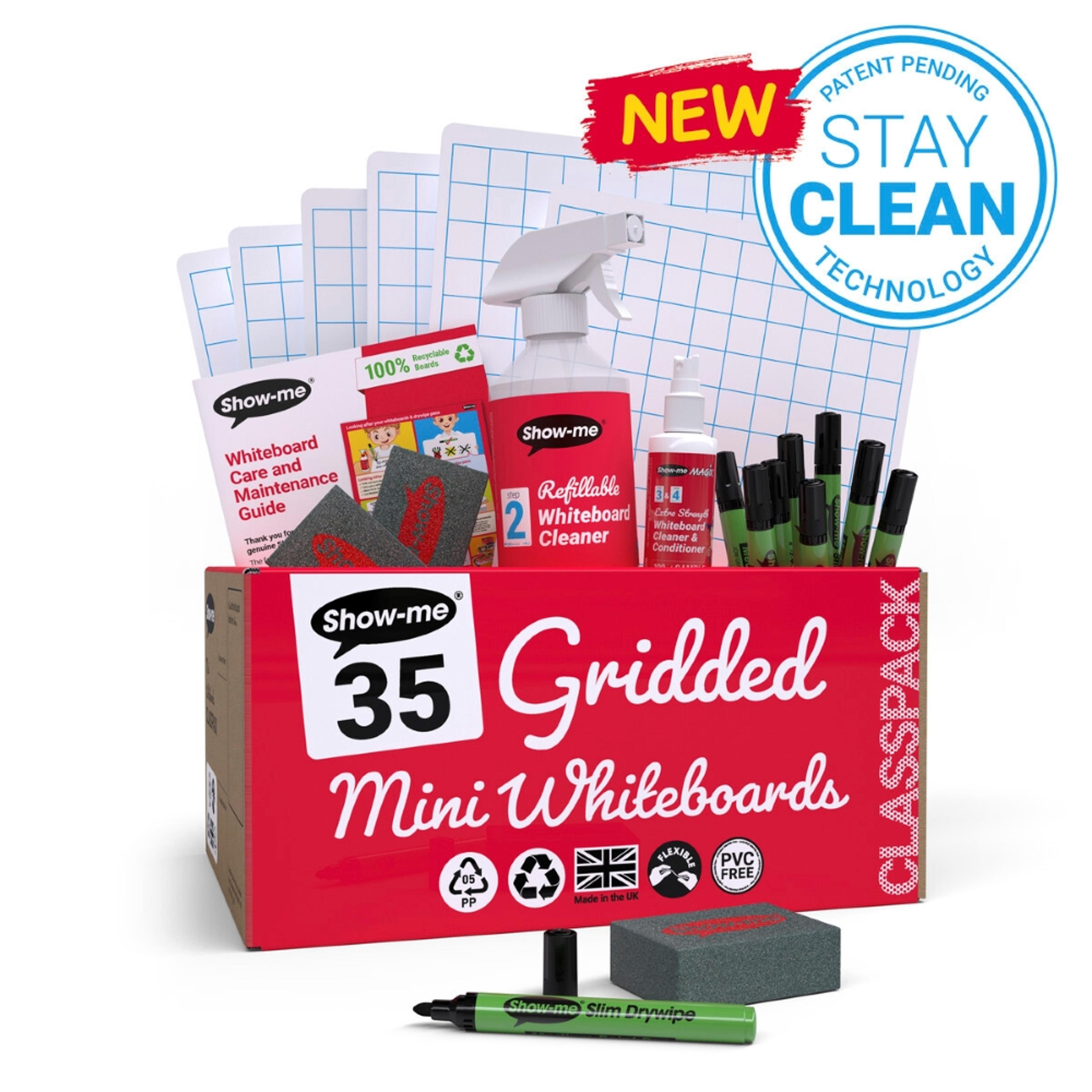 Show-me Classpack of 35 x A4 Gridded Whiteboards, with Pens & Erasers plus 2 Free Cleaners