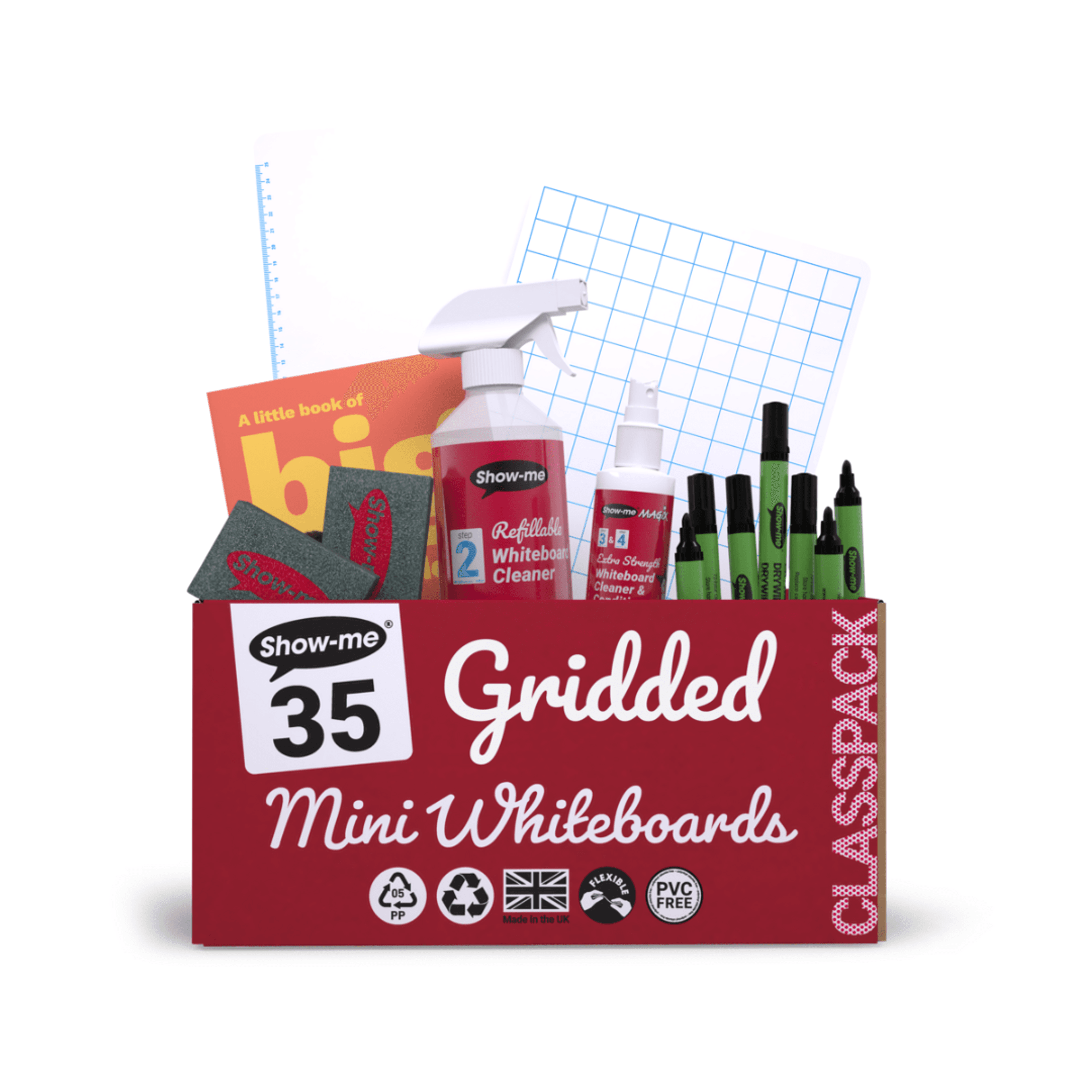 Show-me Classpack of 35 x A4 Gridded Whiteboards, with Pens & Erasers plus 2 Free Cleaners