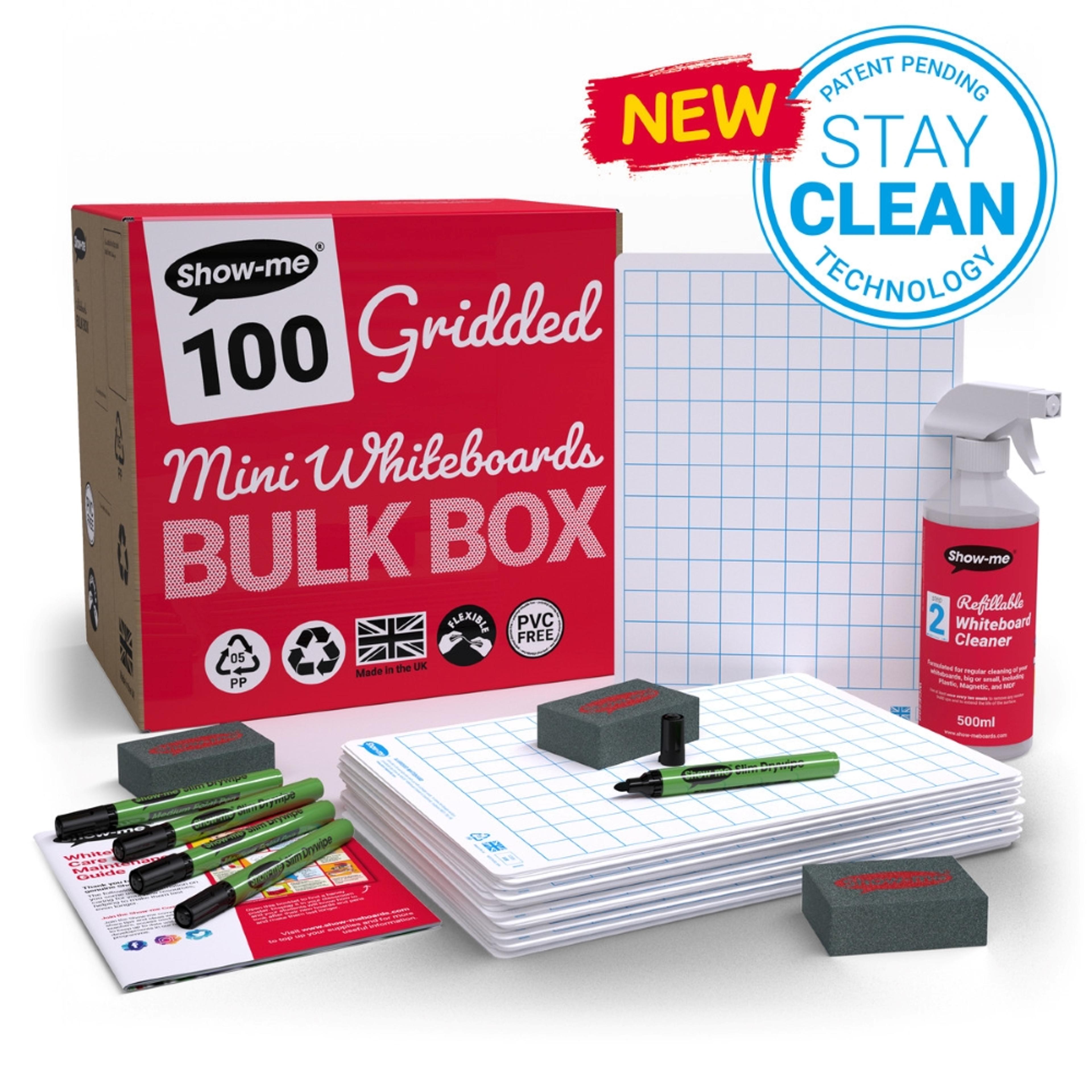 Show-me® Bulk Box of 100 x A4 Gridded Whiteboards, with Pens & Erasers plus 2 Free Cleaners