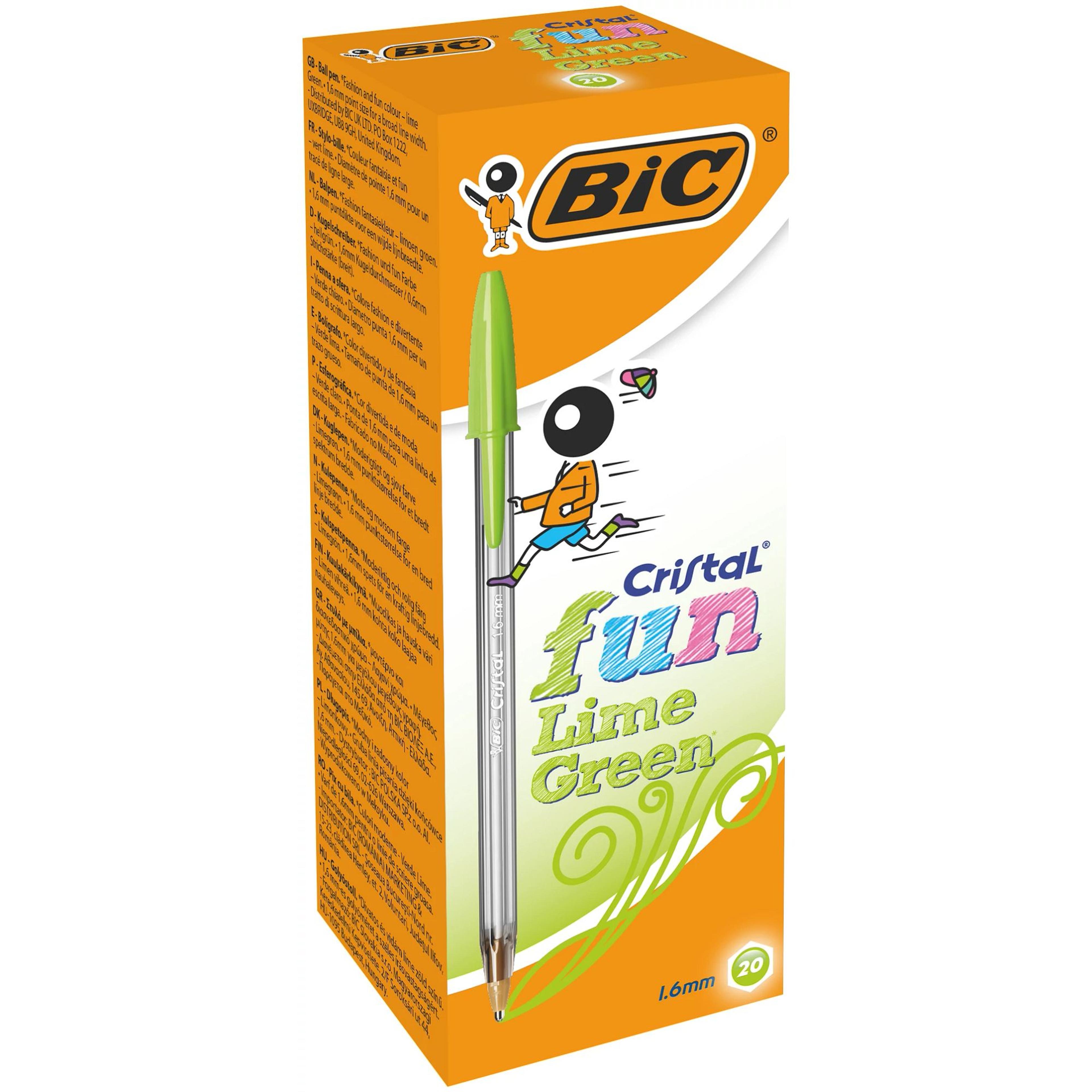 BIC Cristal Fun Ballpoint Pen - 1.6mm Point -  Lime Green - Pack of 20