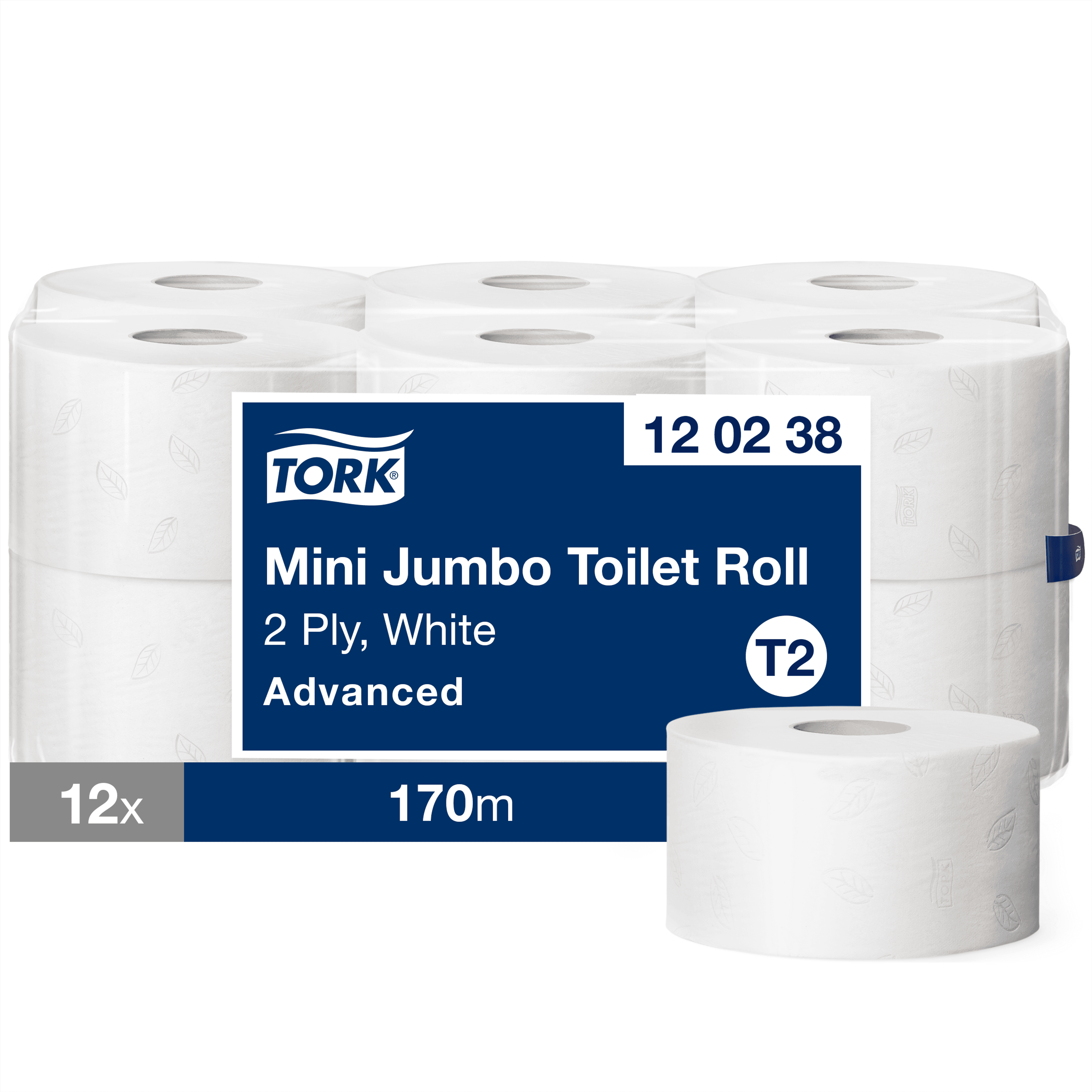 TORK Mini Jumbo Toilet Roll - 2¼in Core - 2 Ply - Pack of 12