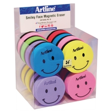 Grooved Artline Smiley Face Magnetic Board Eraser  Assorted - Pack of 16