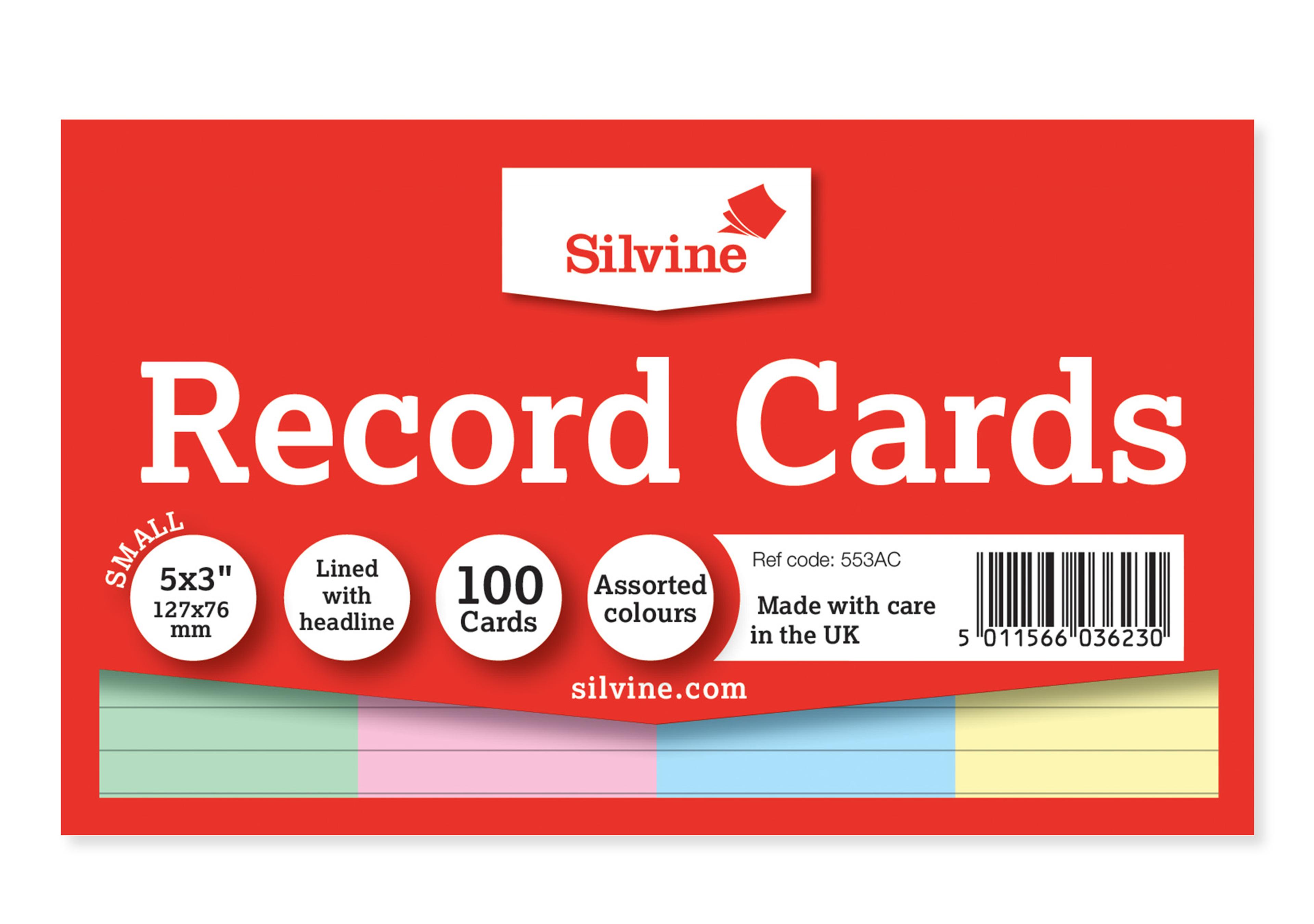 Silvine Record Cards - Assorted - 127 x 76mm - Pack of 100