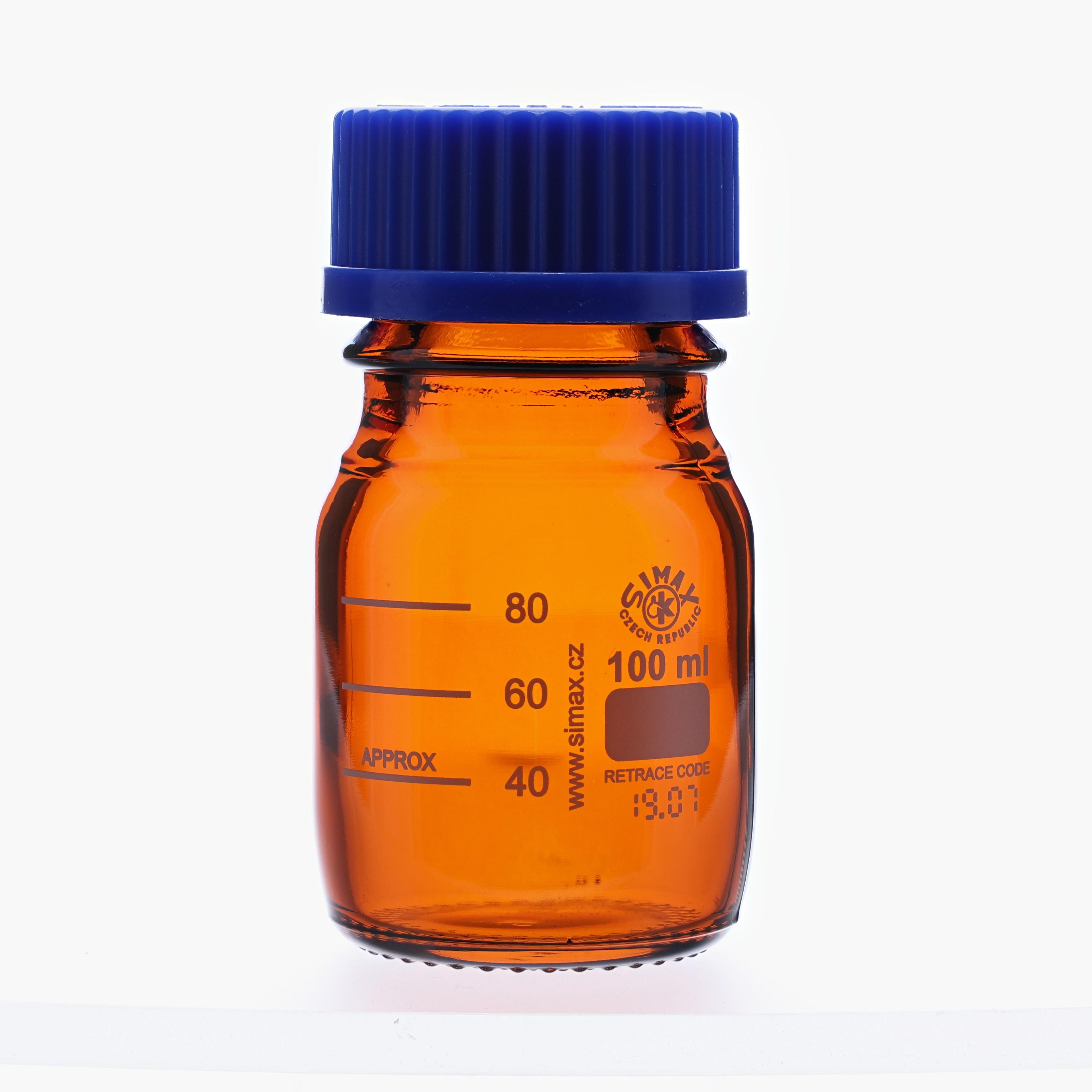 Simax Screw Top Reagent Bottle - Amber/Blue Cap - 100ml - Pack of 10