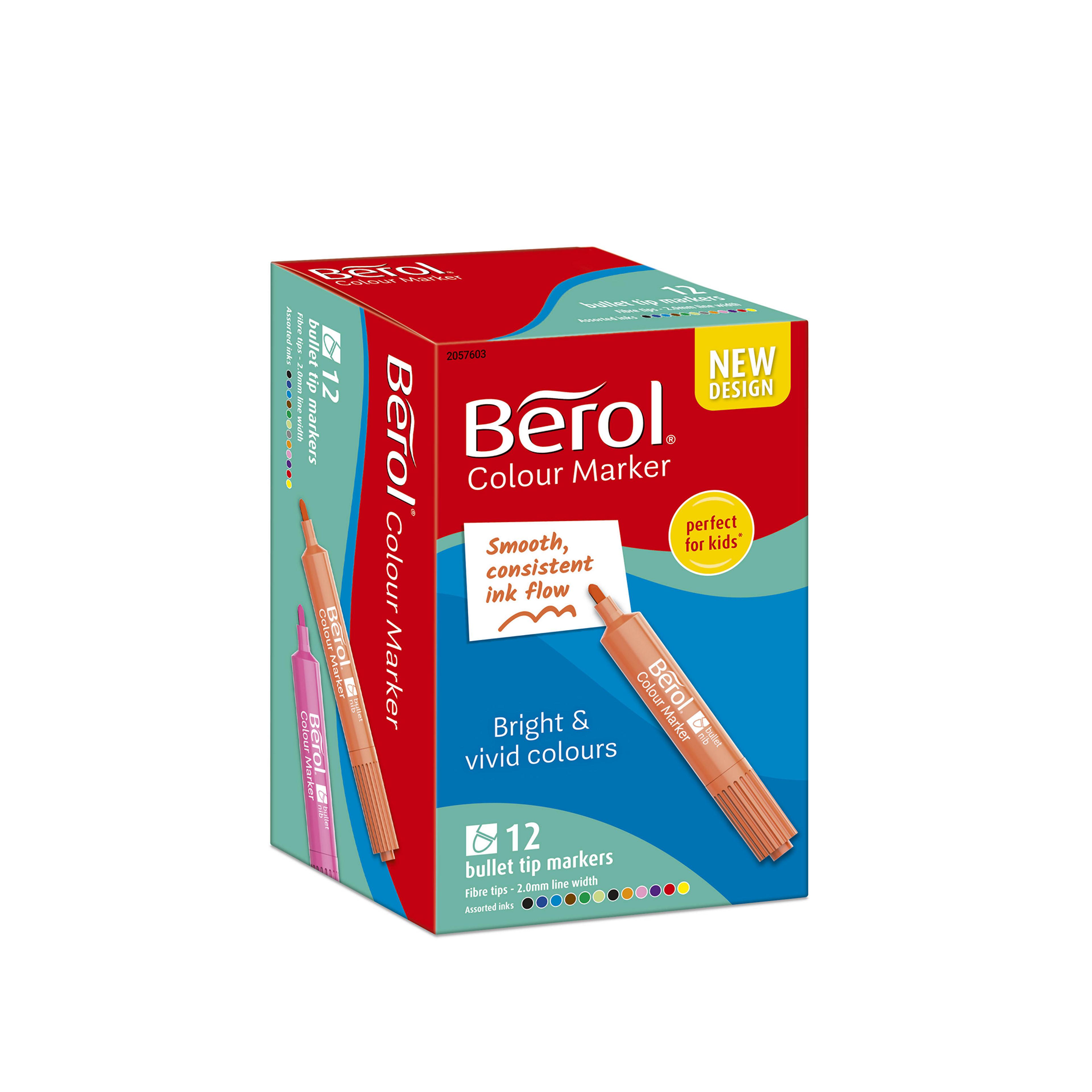 Berol Broad Tipped Colour Markers - Assorted Colours - Bullet Tip - Pack of 12