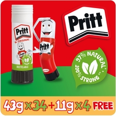 Pritt Glue Stick - 43g - Pack of 34 + 4x11g FREE