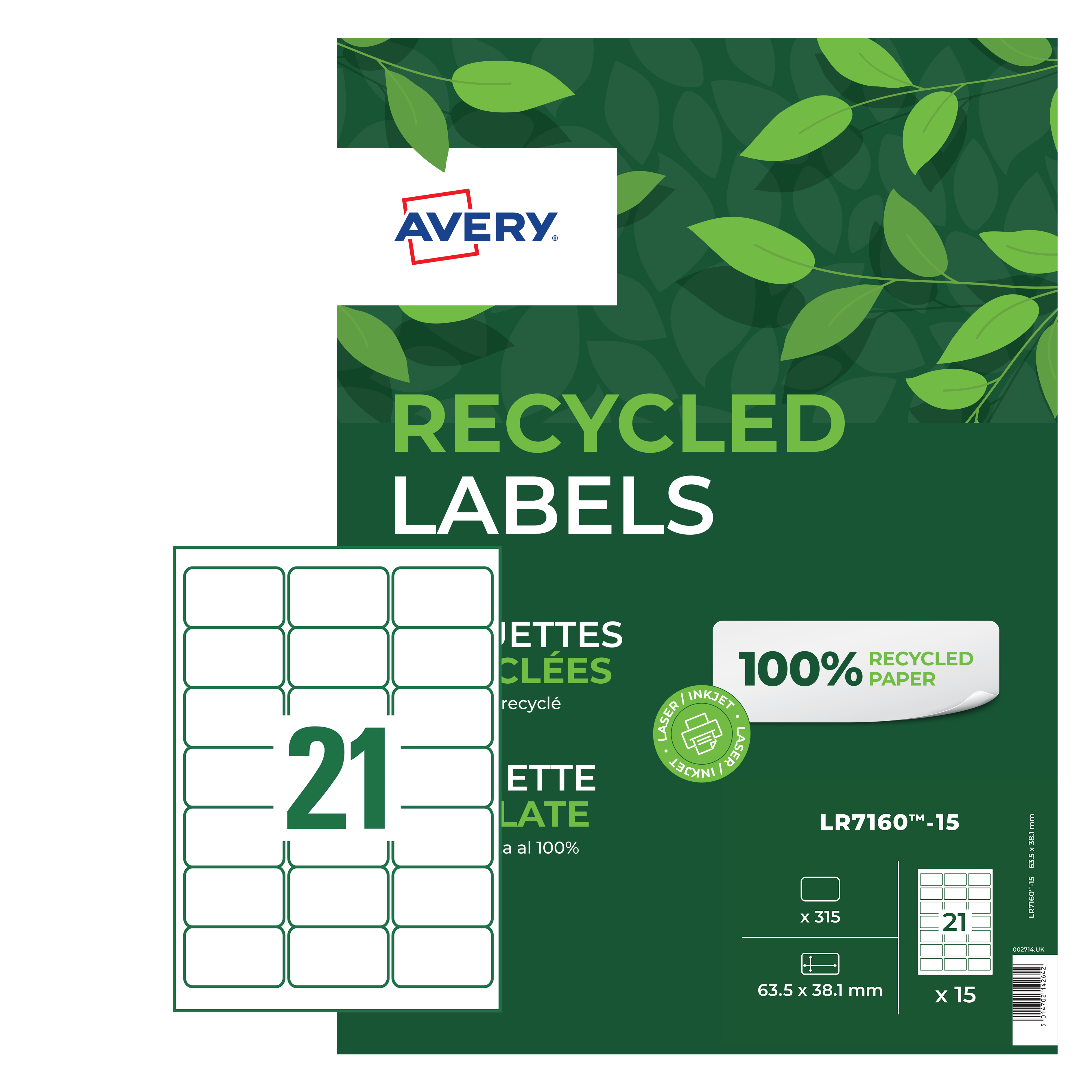 AVERY Recycled Quick PEEL Labels - 63.5x38.1mm - 21 Per Sheet - Pack of 15