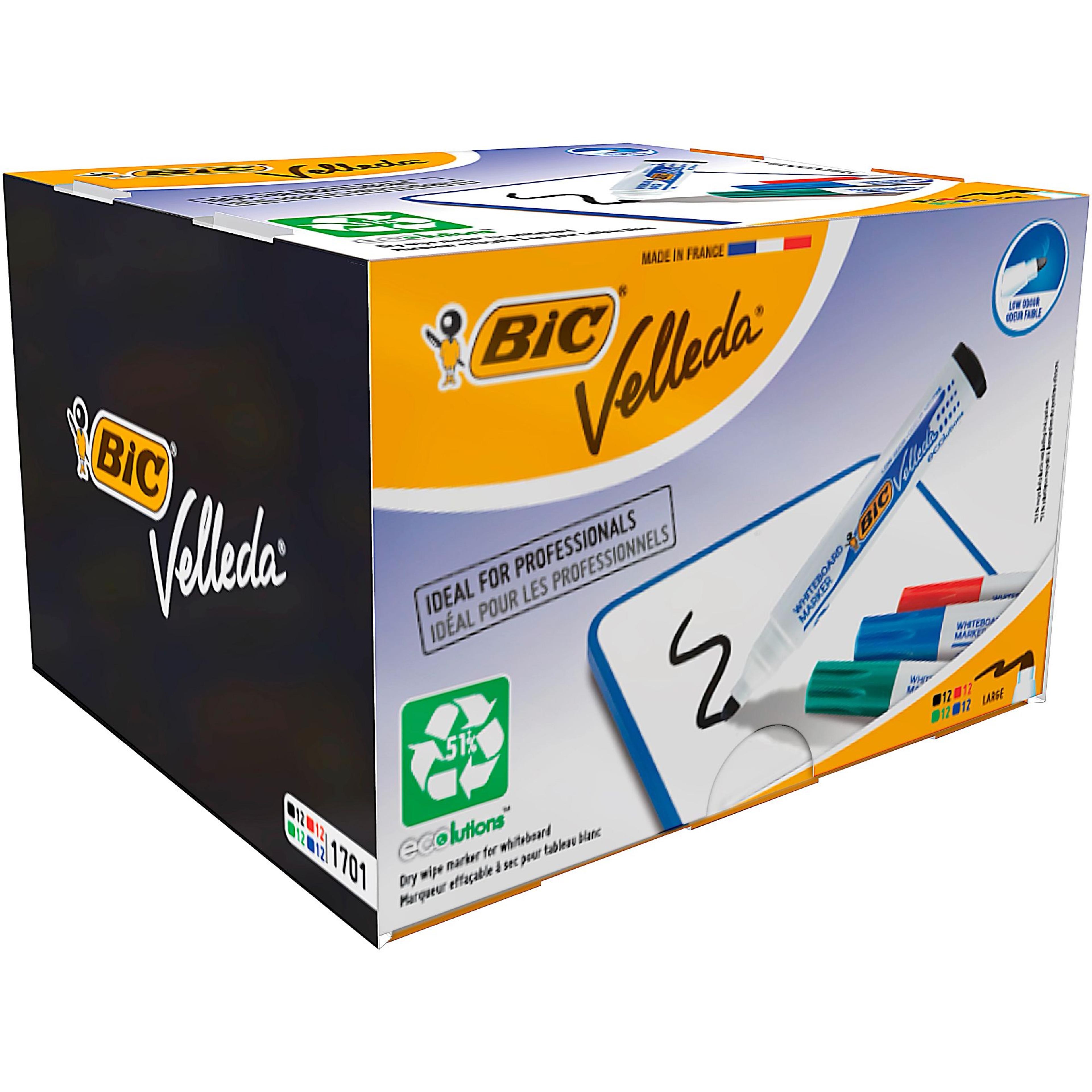 BIC Velleda 1701 - Whiteboard Marker Pen - Large Bullet Tip - Assorted Colours - Pack of 48