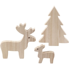 Deer and Christmas Tree Wooden Figures - Pack of 3