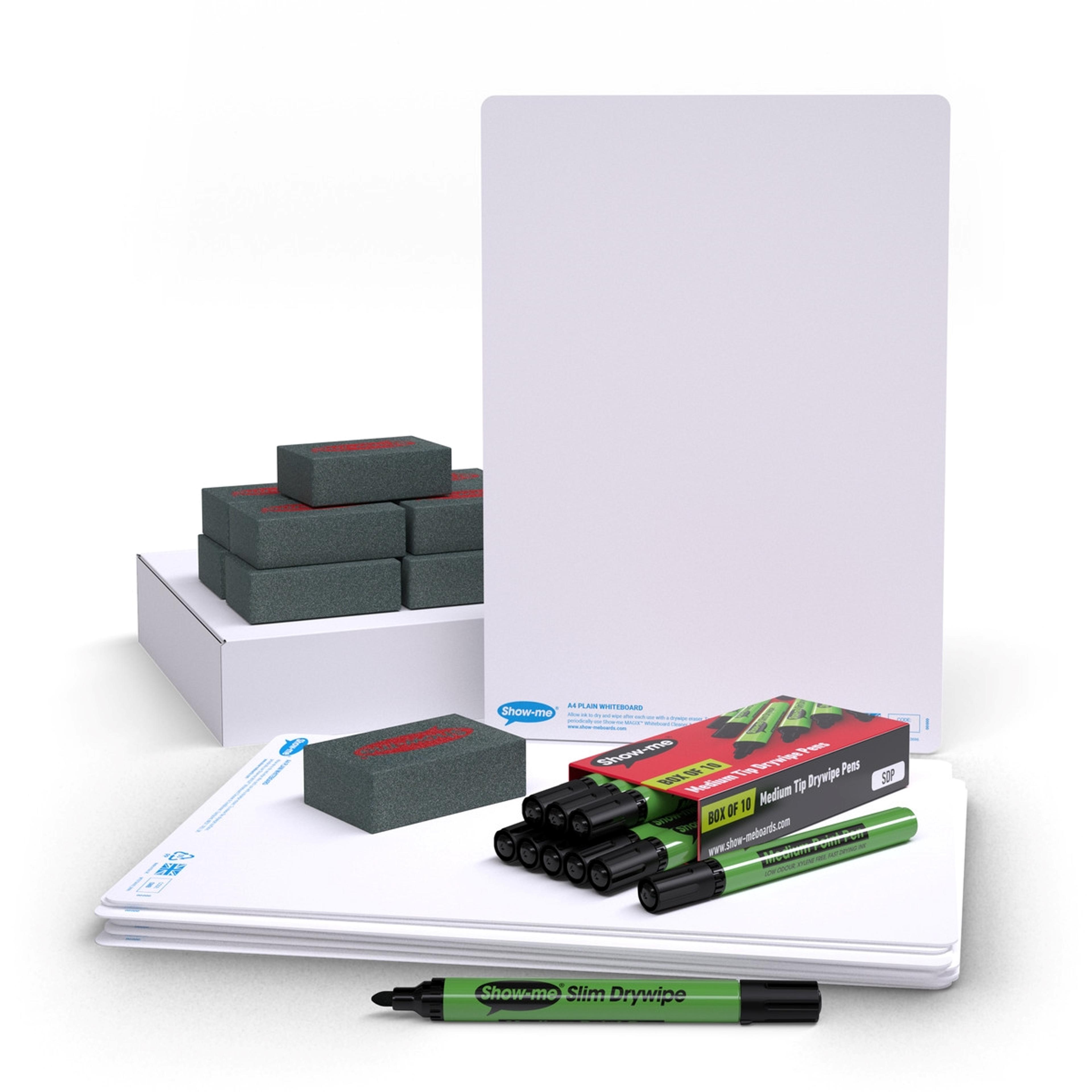 Show-me® Kit of 10 x A4 Plain Whiteboards, with Pens & Erasers