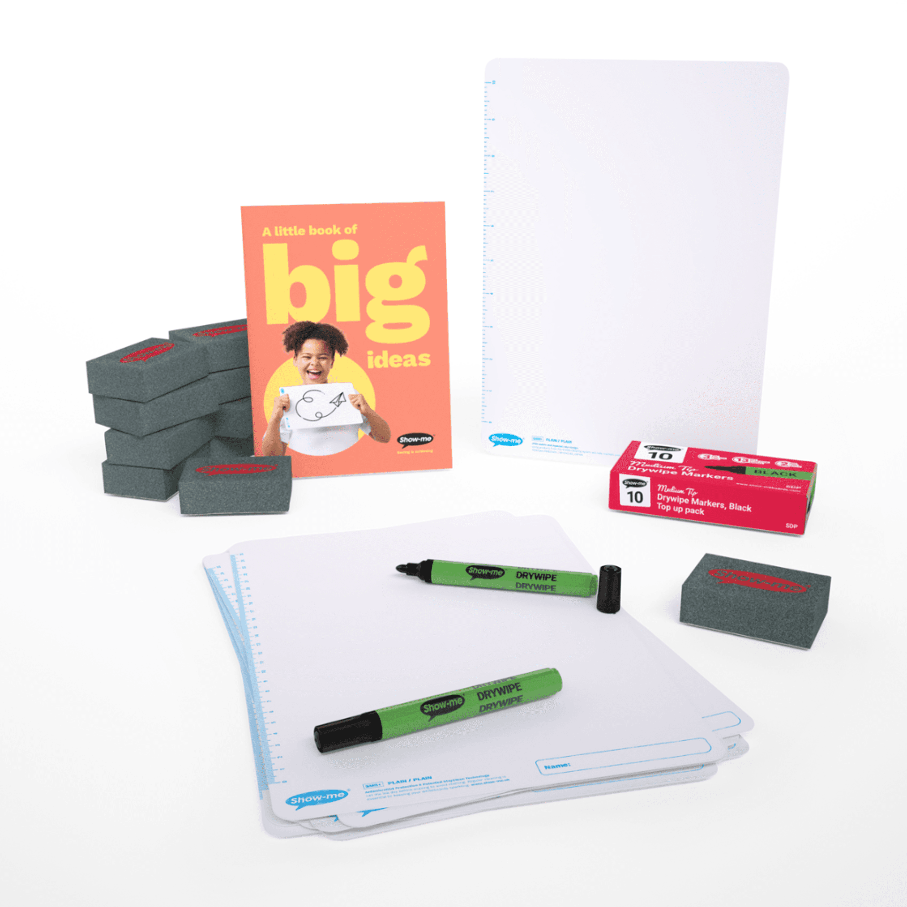 Show-me® Kit of 10 x A4 Plain Whiteboards, with Pens & Erasers