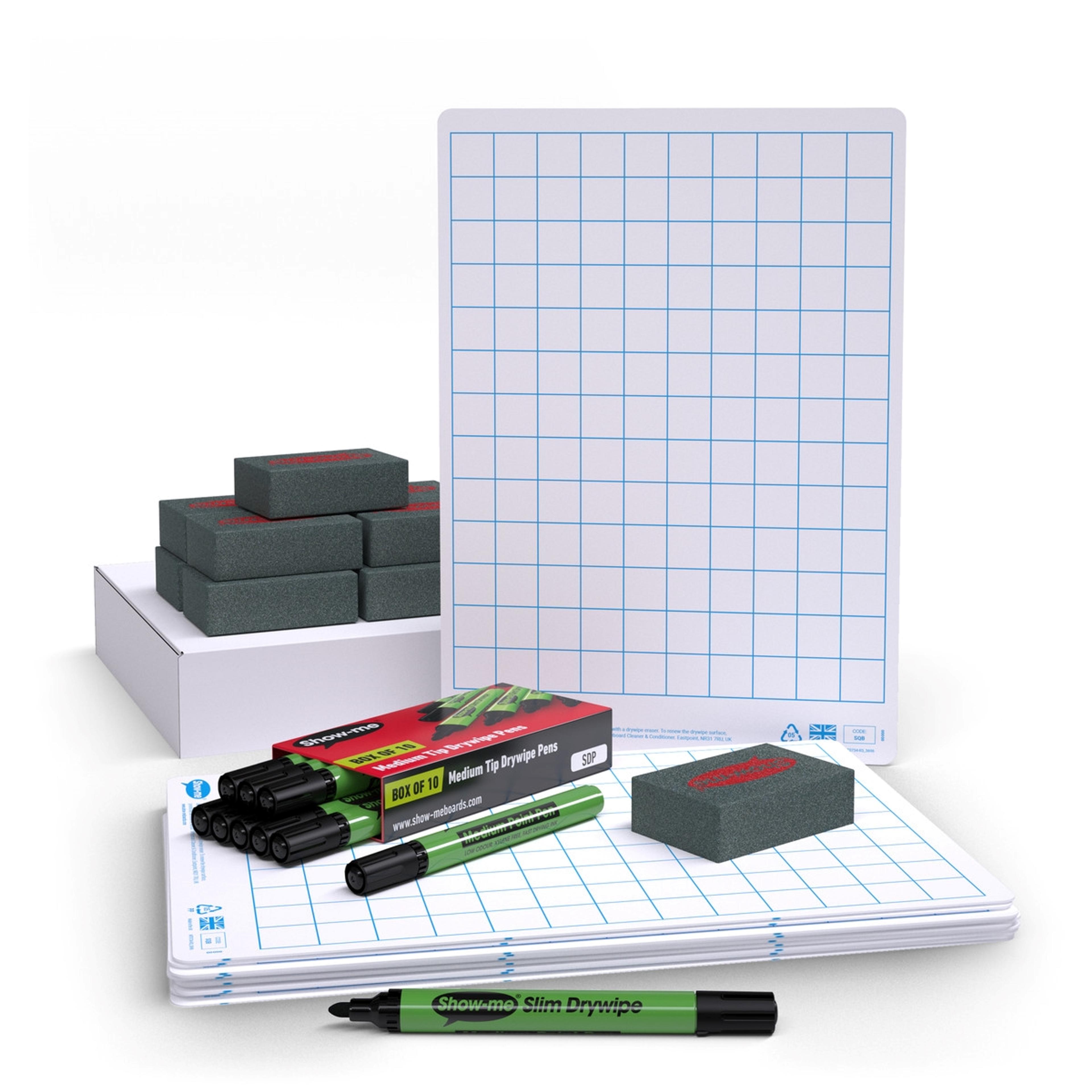 Show-me® Kit of 10 x A4 Gridded Whiteboards, with Pens and Erasers