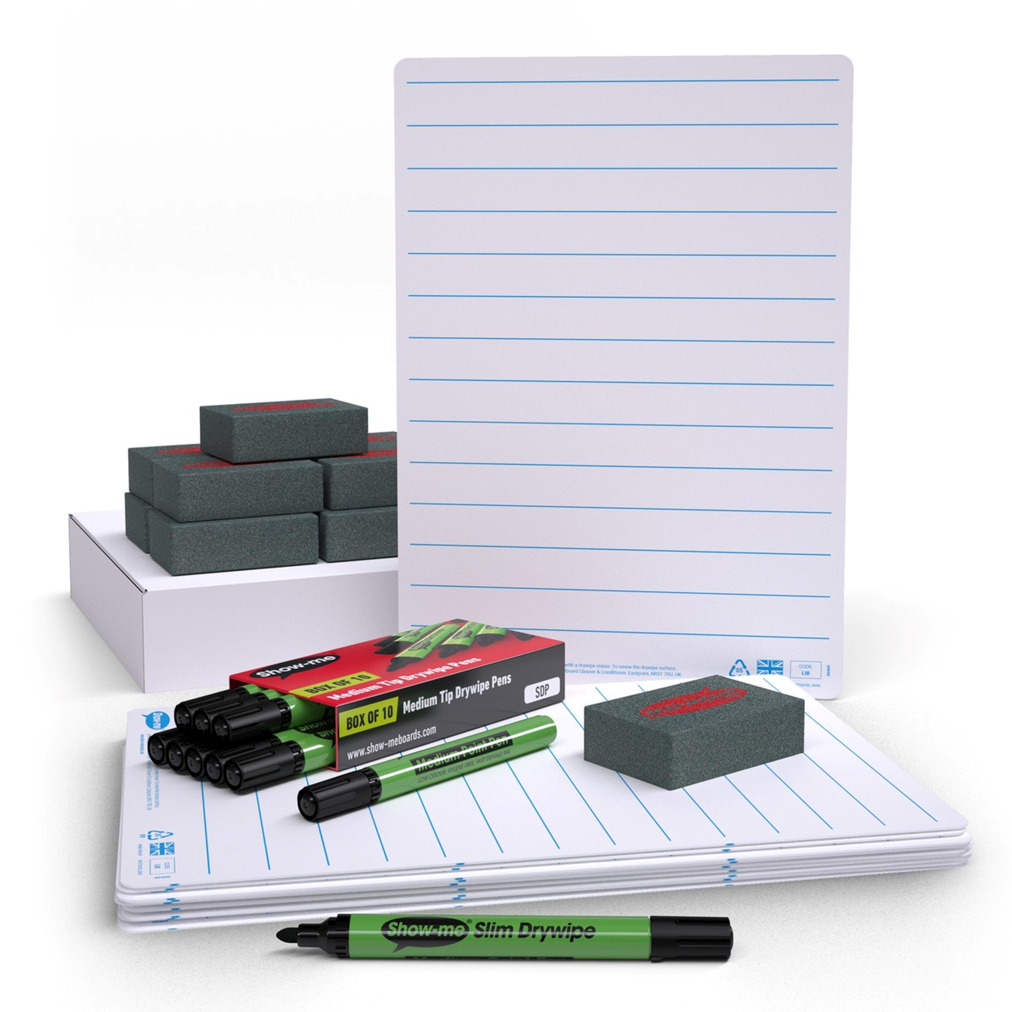 Show-me® Kit of 10 x A4 Lined Whiteboards, with Pens & Erasers