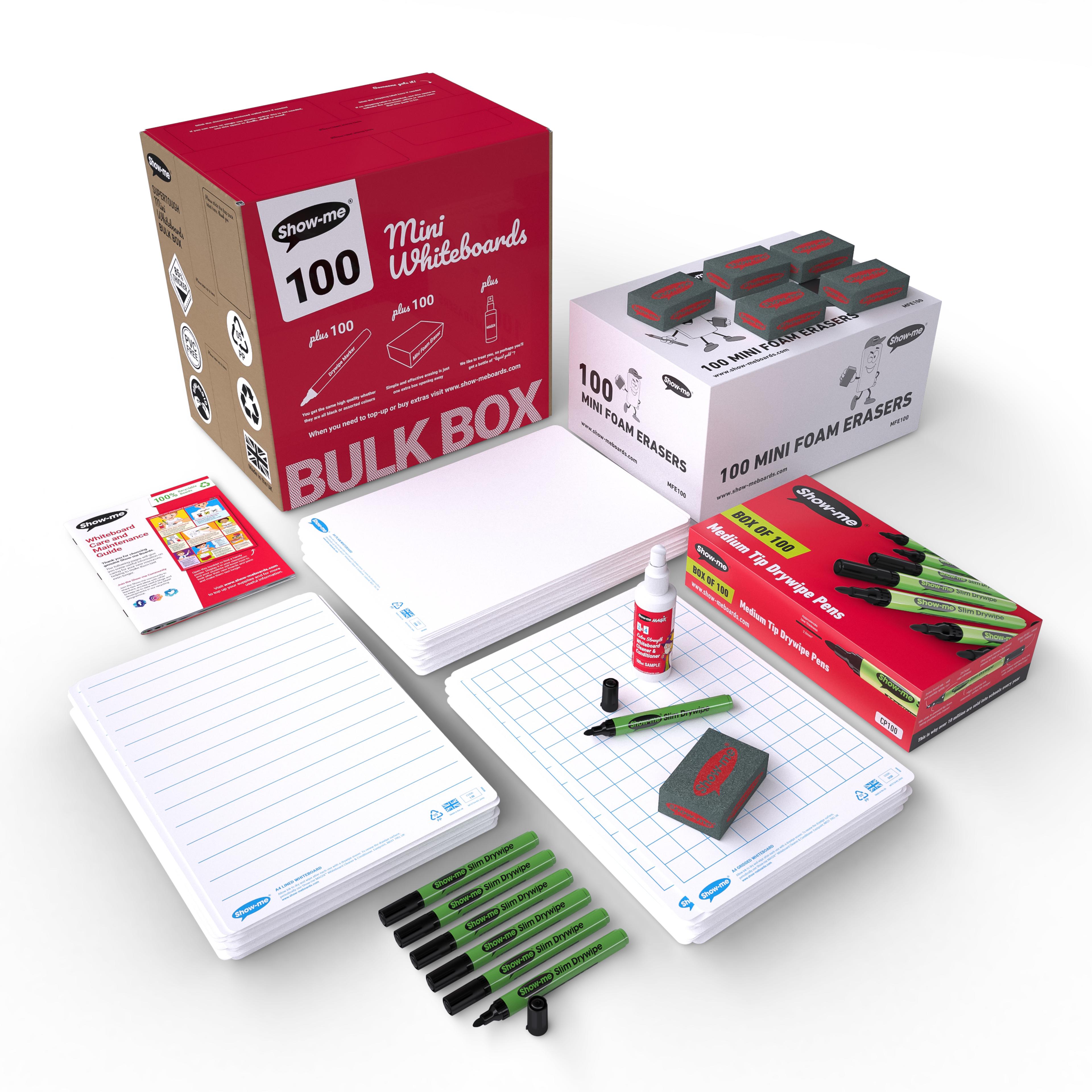 Show-me® Bulk Box of 100 x A4 Multi-Design Whiteboards, with Pens & Erasers plus 2 Free Cleaners