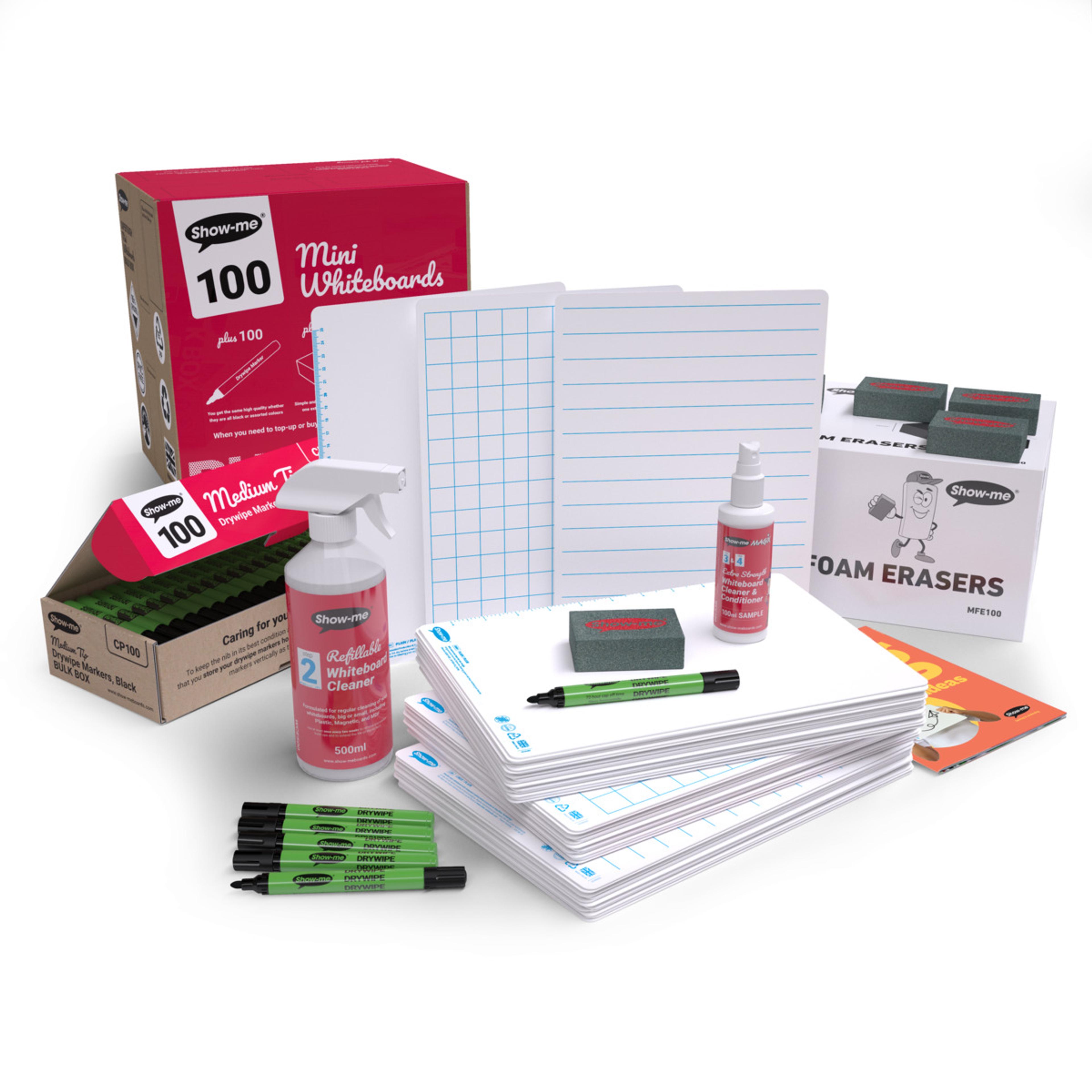 Show-me® Bulk Box of 100 x A4 Multi-Design Whiteboards, with Pens & Erasers plus 2 Free Cleaners