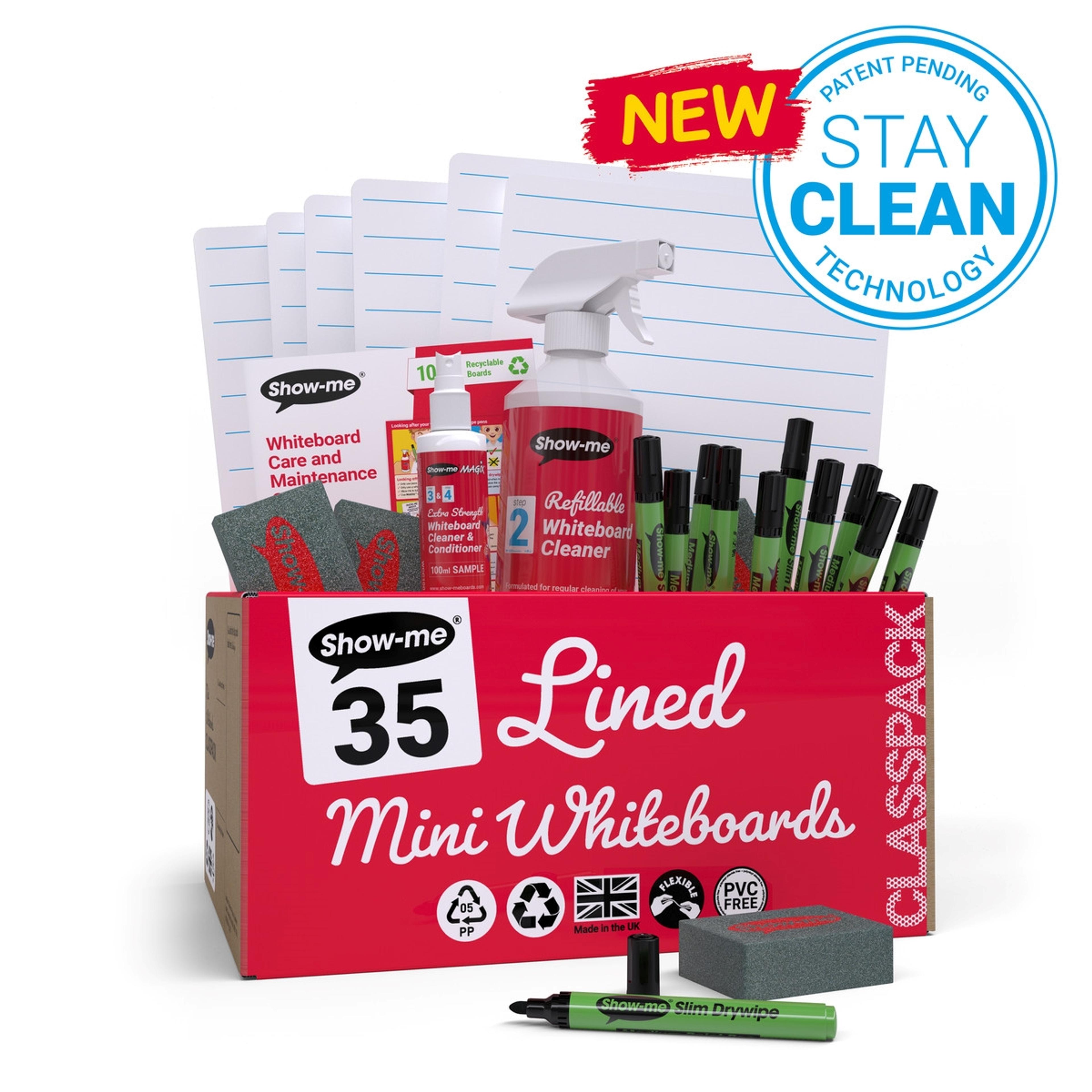 Show-me® Classpack of 35 x A4 Lined Whiteboards, with Pens & Erasers plus 2 Free Cleaners