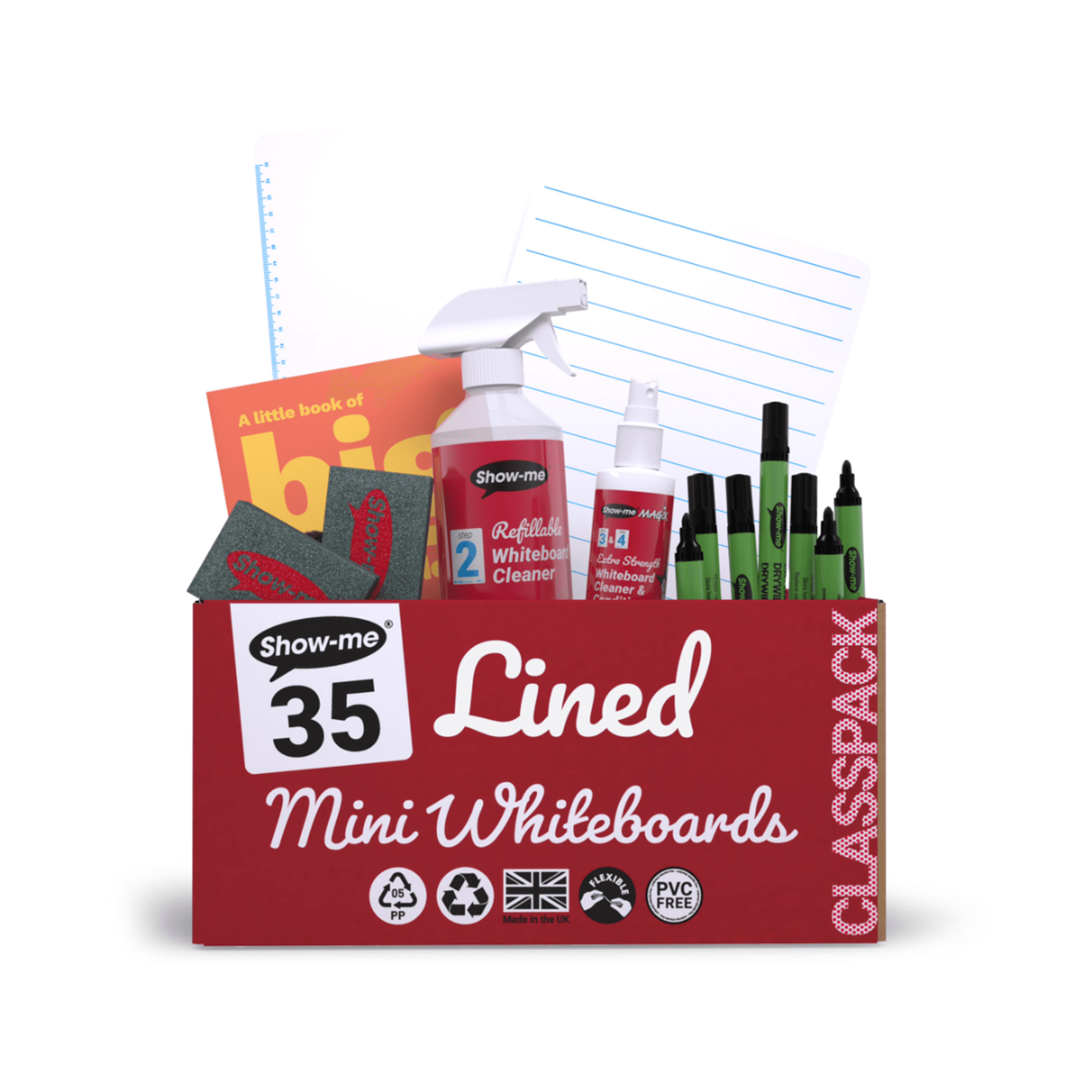 Show-me® Classpack of 35 x A4 Lined Whiteboards, with Pens & Erasers plus 2 Free Cleaners